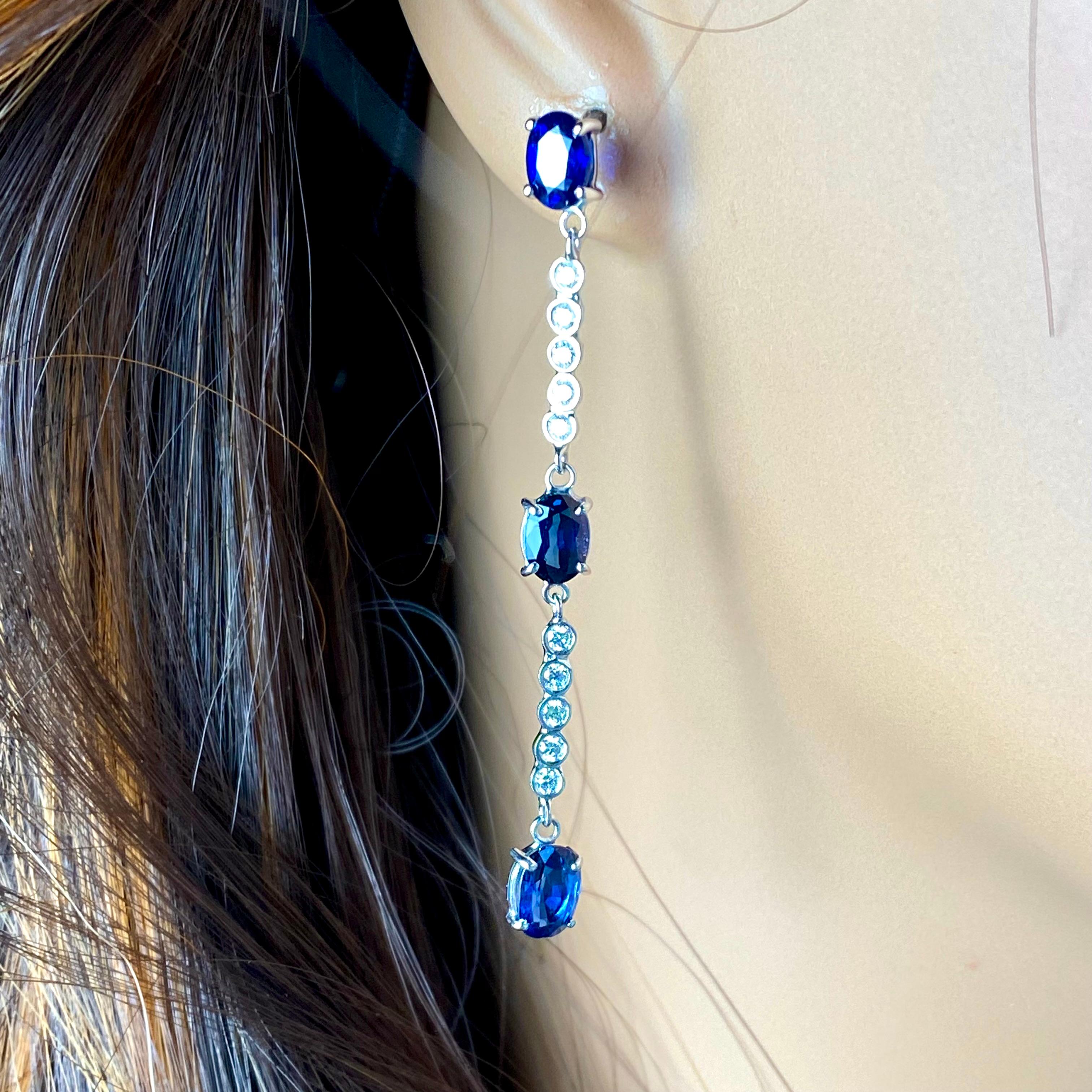 Six Ceylon Sapphires Diamond 6.10 Carat Lariat 2.25 Inch White Gold Earrings In New Condition For Sale In New York, NY
