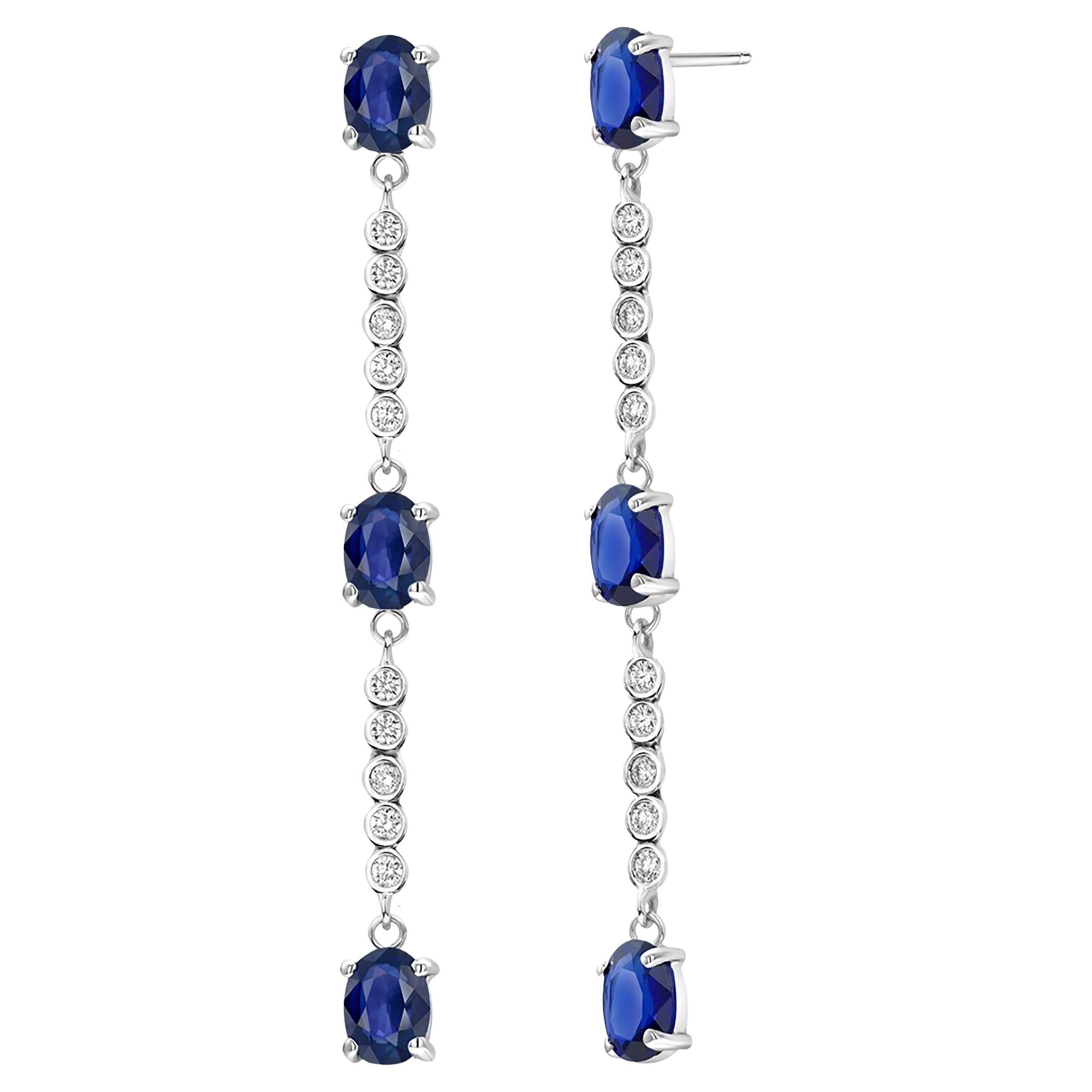 Seis Zafiros de Ceilán Diamantes 6,60 Quilates Lariat Pendientes de Oro Blanco de 2,25 Pulgadas