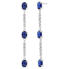 Seis Zafiros de Ceilán Diamantes 6,60 Quilates Lariat Pendientes de Oro Blanco de 2,25 Pulgadas