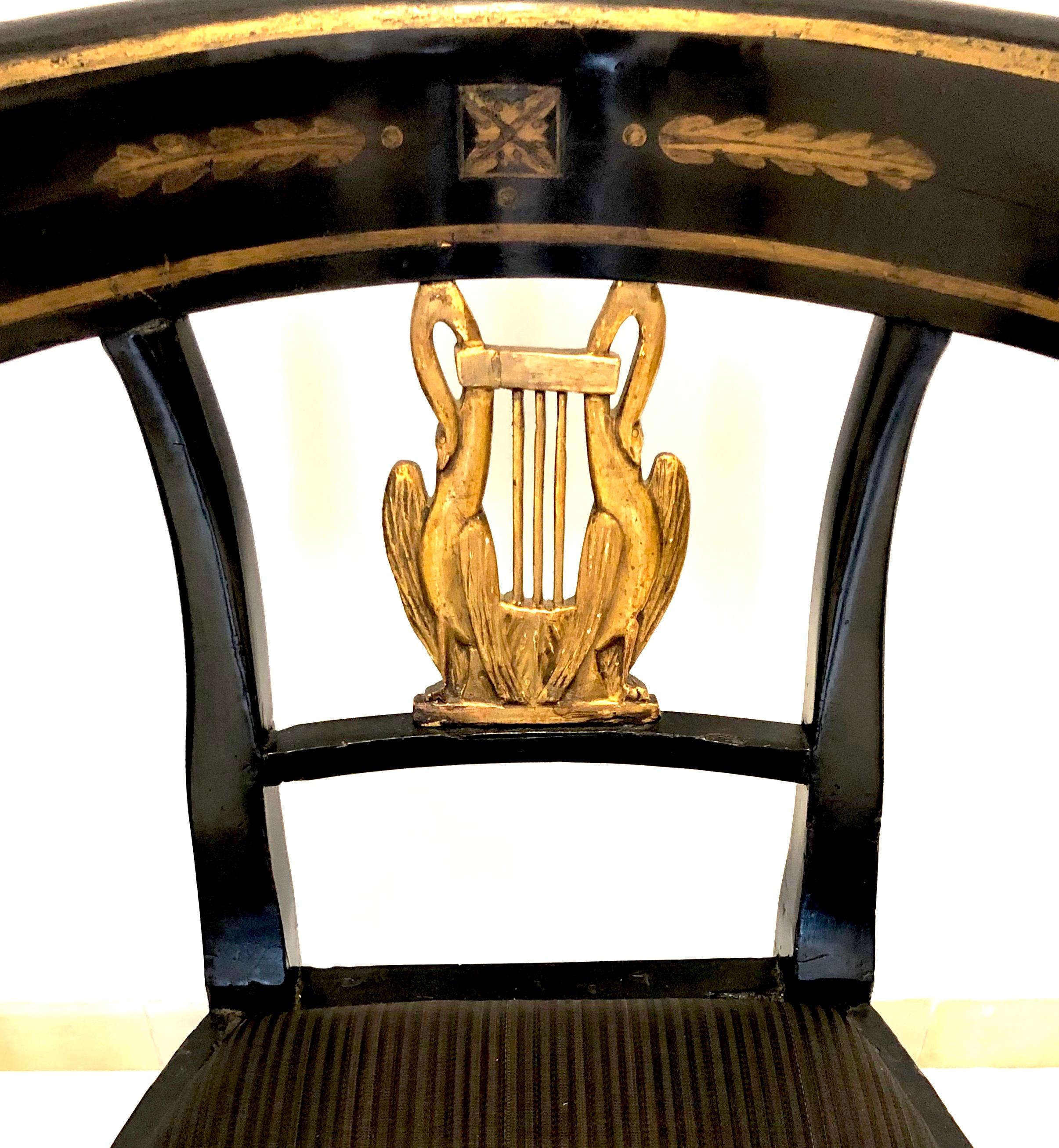 Italian Six Chairs Antique Musical Empire Beechwood Gilt Swan Lion, Italy