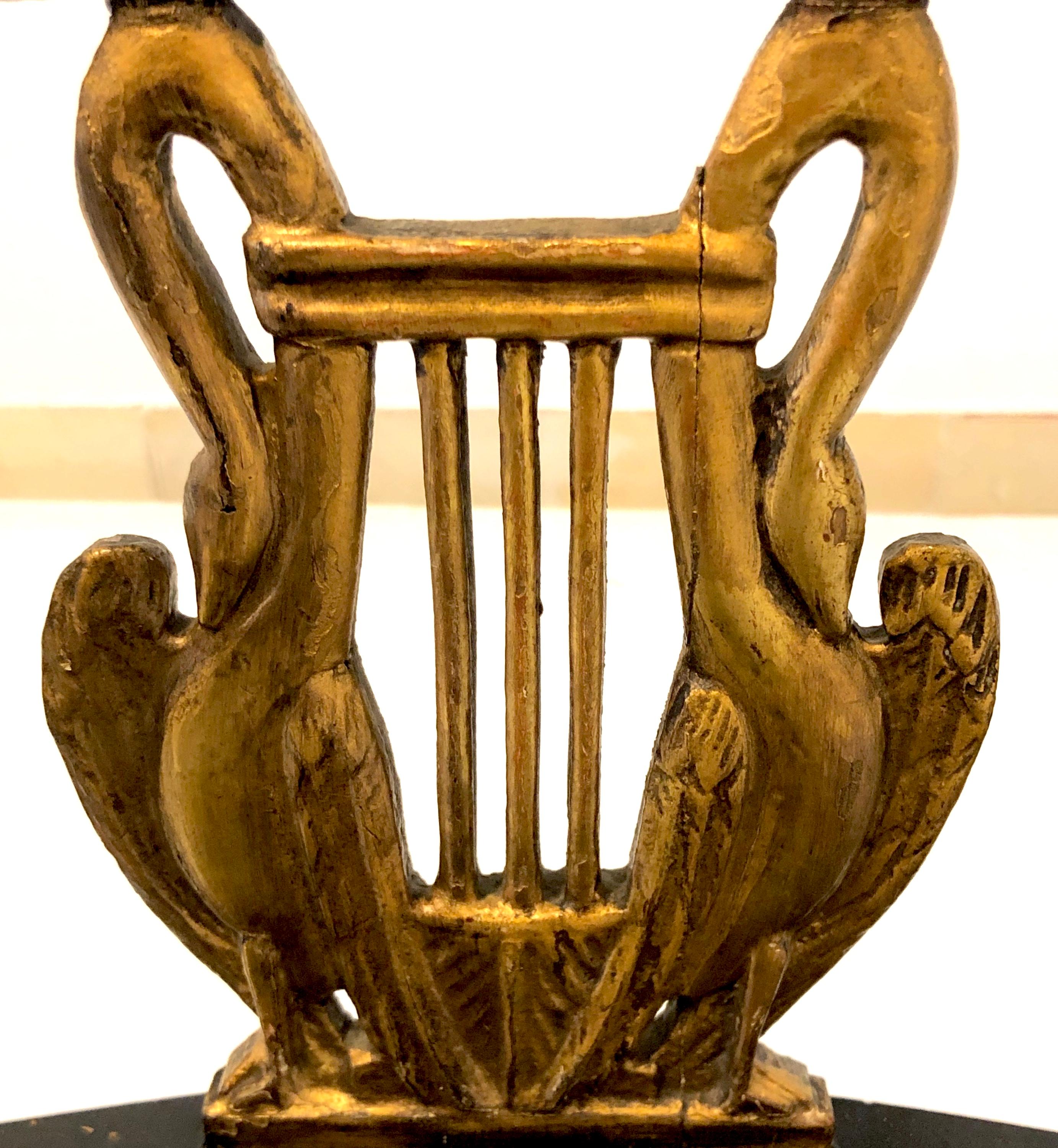 Six Chairs Antique Musical Empire Beechwood Gilt Swan Lion, Italy 1