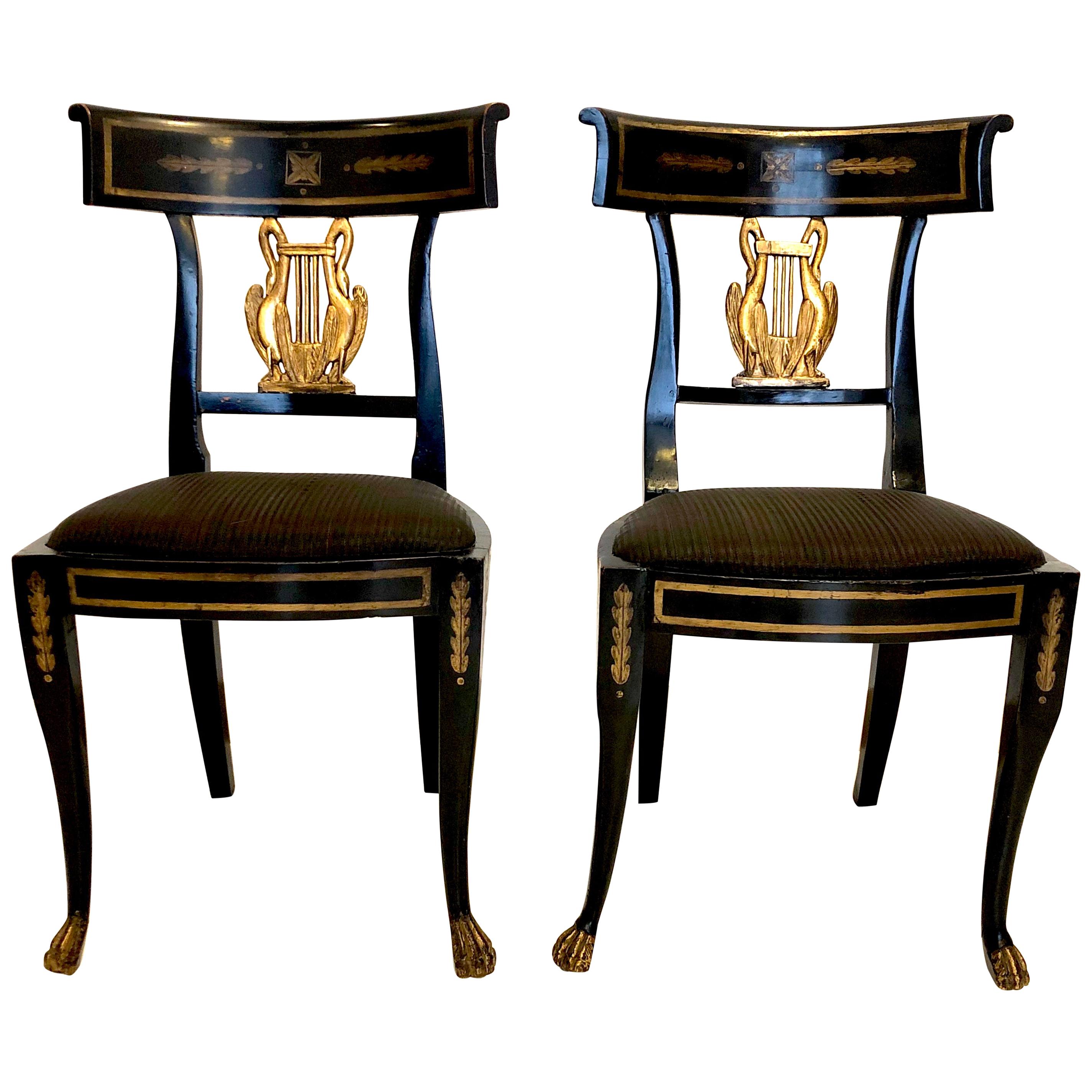 Six Chairs Antique Musical Empire Beechwood Gilt Swan Lion, Italy