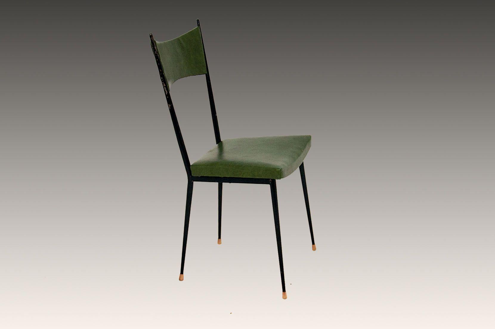 This model is a very 1950 French style one. It is the post war Minimalist style. Very light, very 1950. The Editor is Primavera, and the creator Colette Gueden.
The structure is in metal, and the seats in vynil.
 