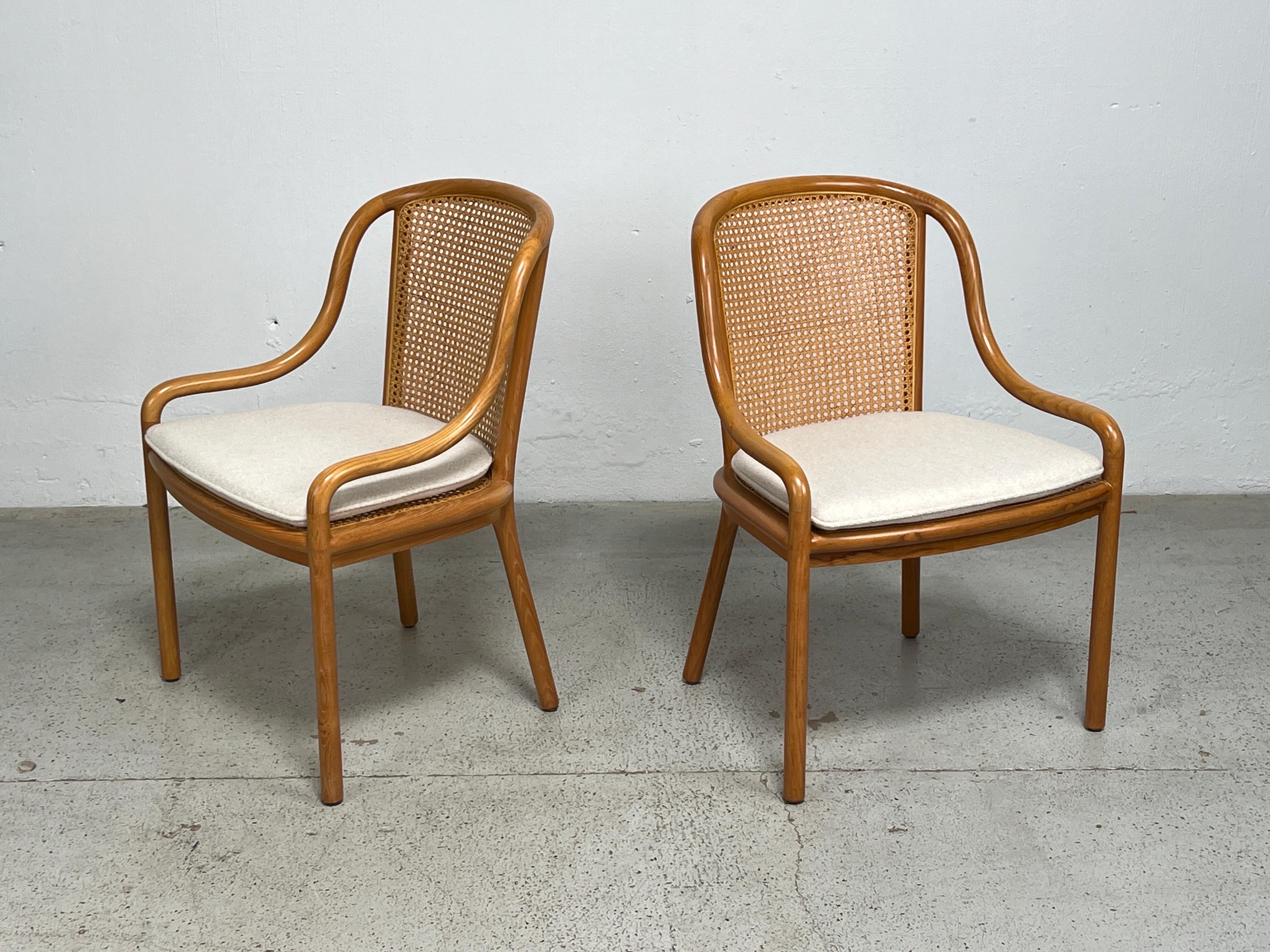 A beautiful set of six cane and ash dining chairs by Ward Bennett for Brickel. Original cane and finish in great condition. New cushions upholstered in Holland & Sherry / Brunswick / Snow. 