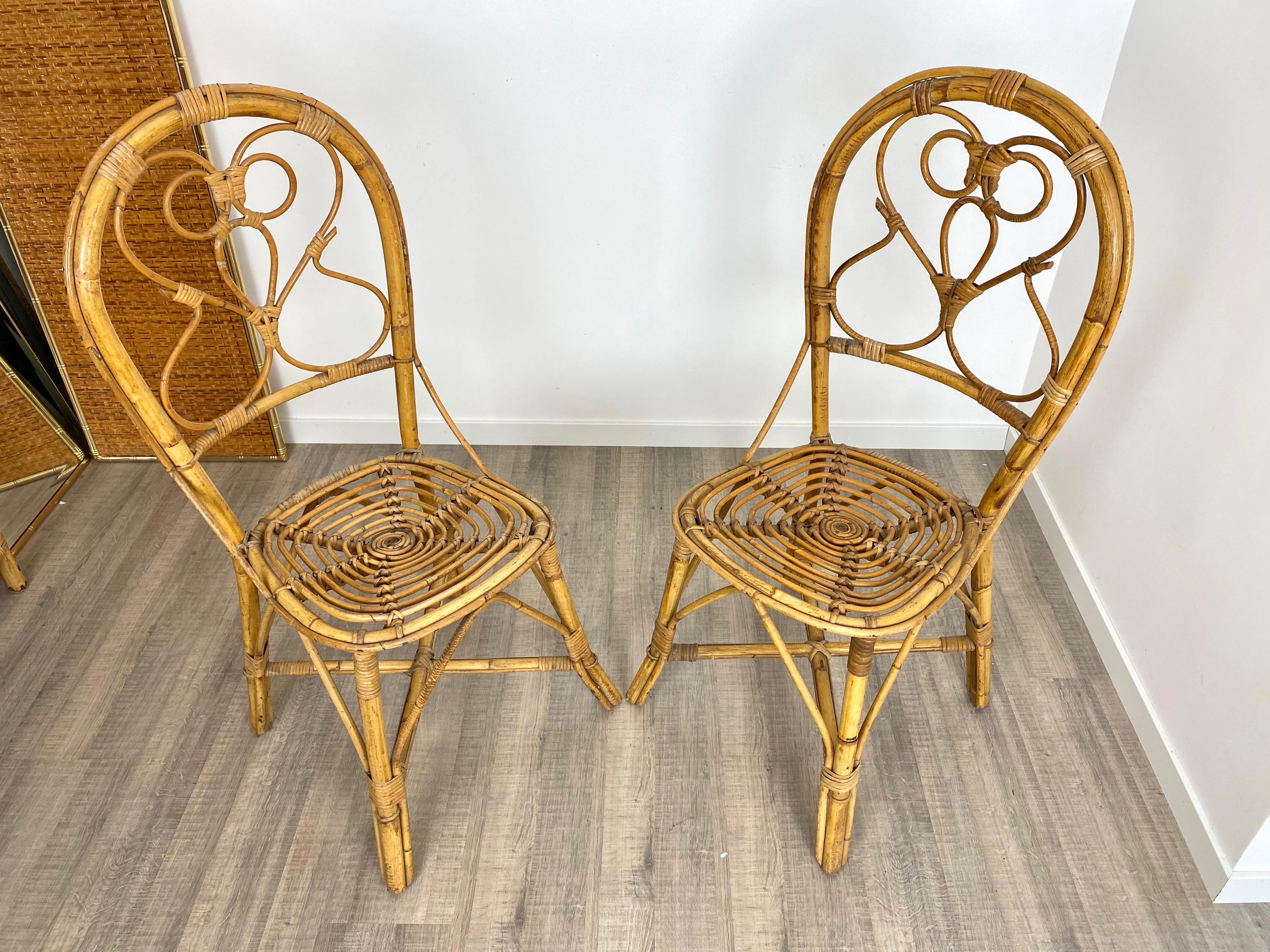 Six chaises en rotin et bambou, Italie, années 1960 en vente 3