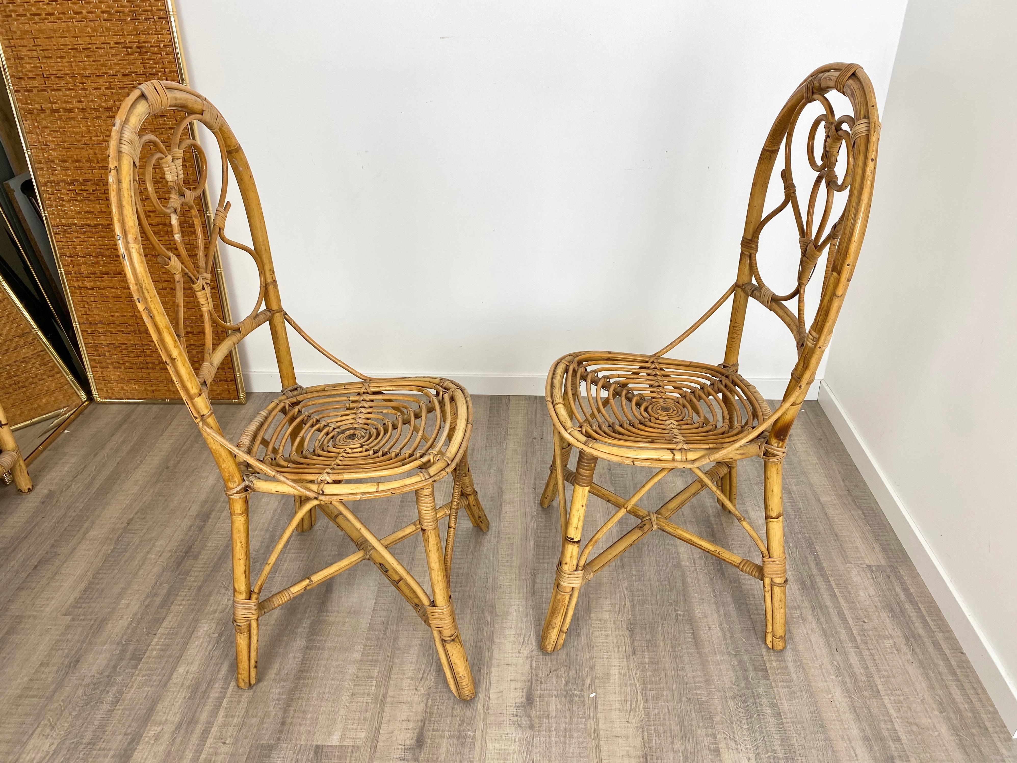 Six chaises en rotin et bambou, Italie, années 1960 en vente 4