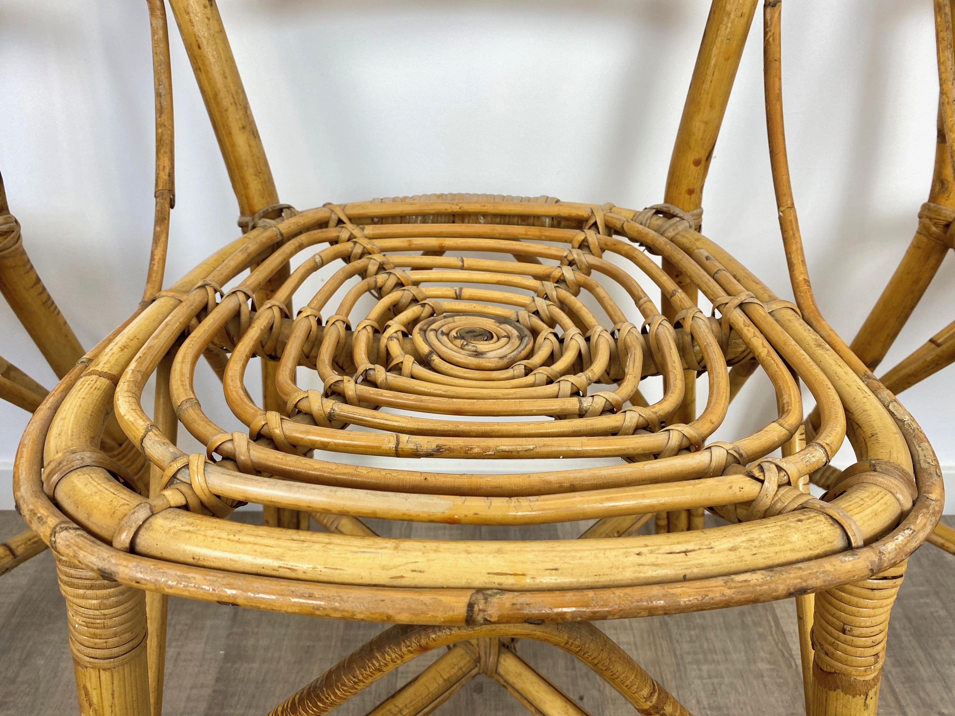 Six chaises en rotin et bambou, Italie, années 1960 en vente 6