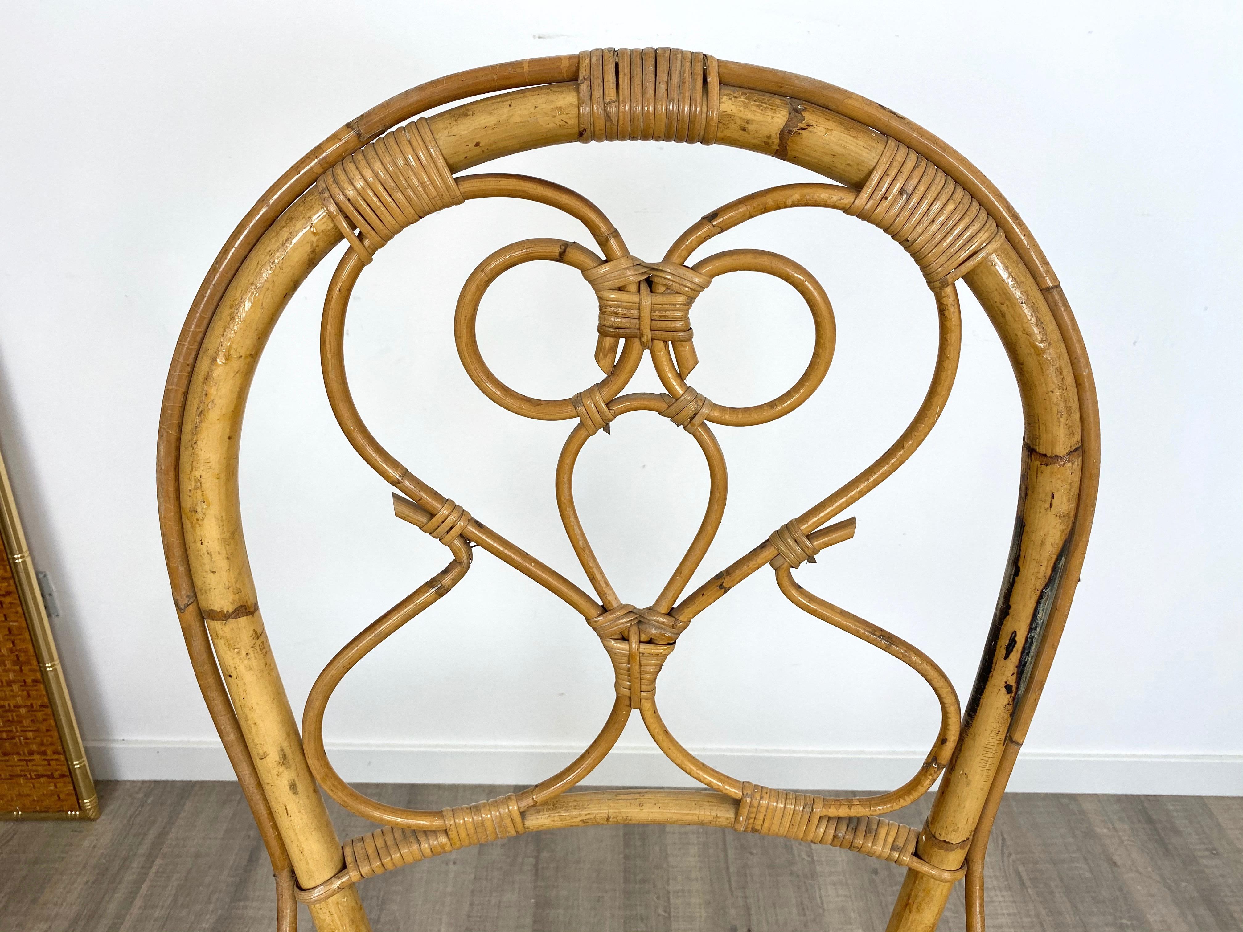 Six chaises en rotin et bambou, Italie, années 1960 en vente 10