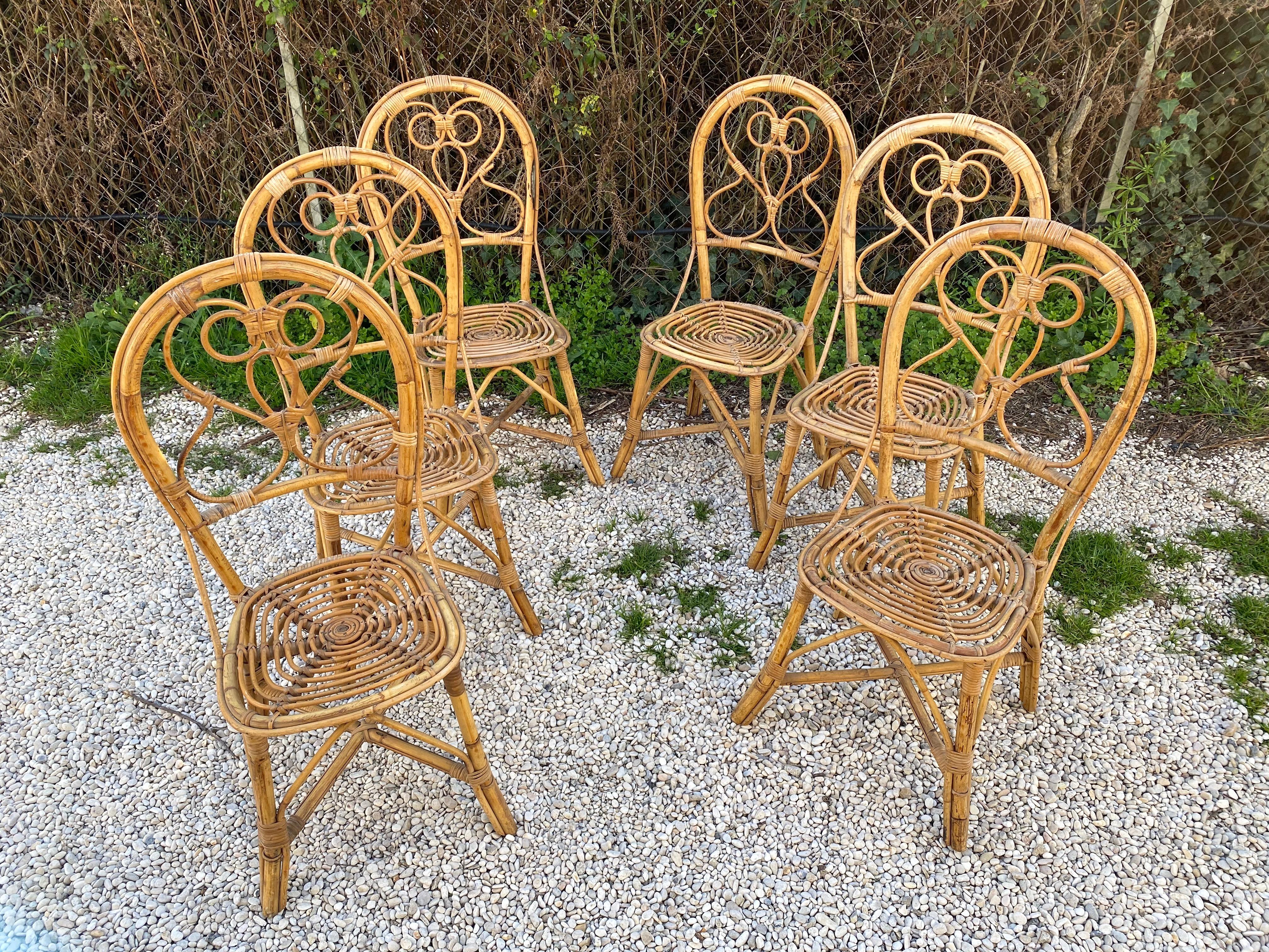Six chaises en rotin et bambou, Italie, années 1960 en vente 13
