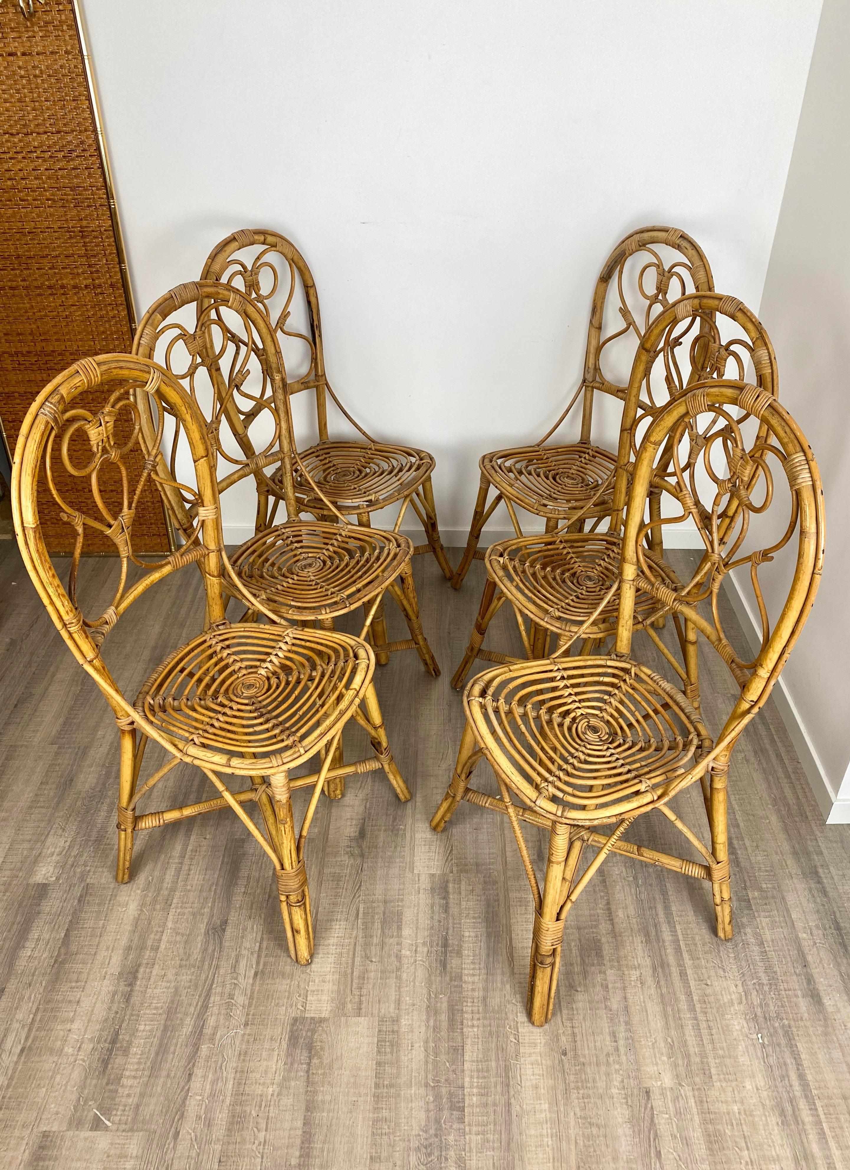 Mid-Century Modern Six Chairs Rattan and Bamboo, Italy, 1960s For Sale