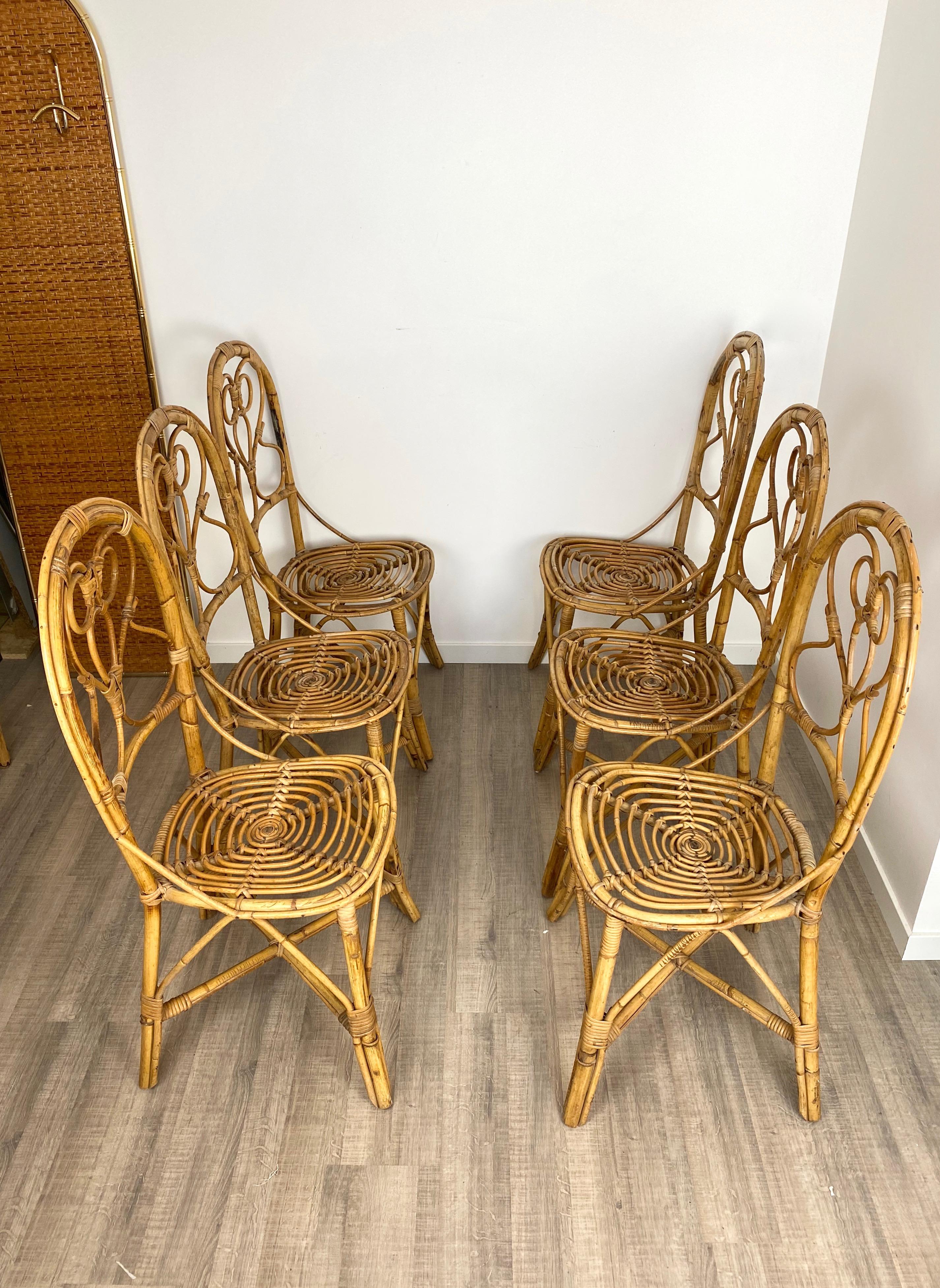 Italian Six Chairs Rattan and Bamboo, Italy, 1960s For Sale