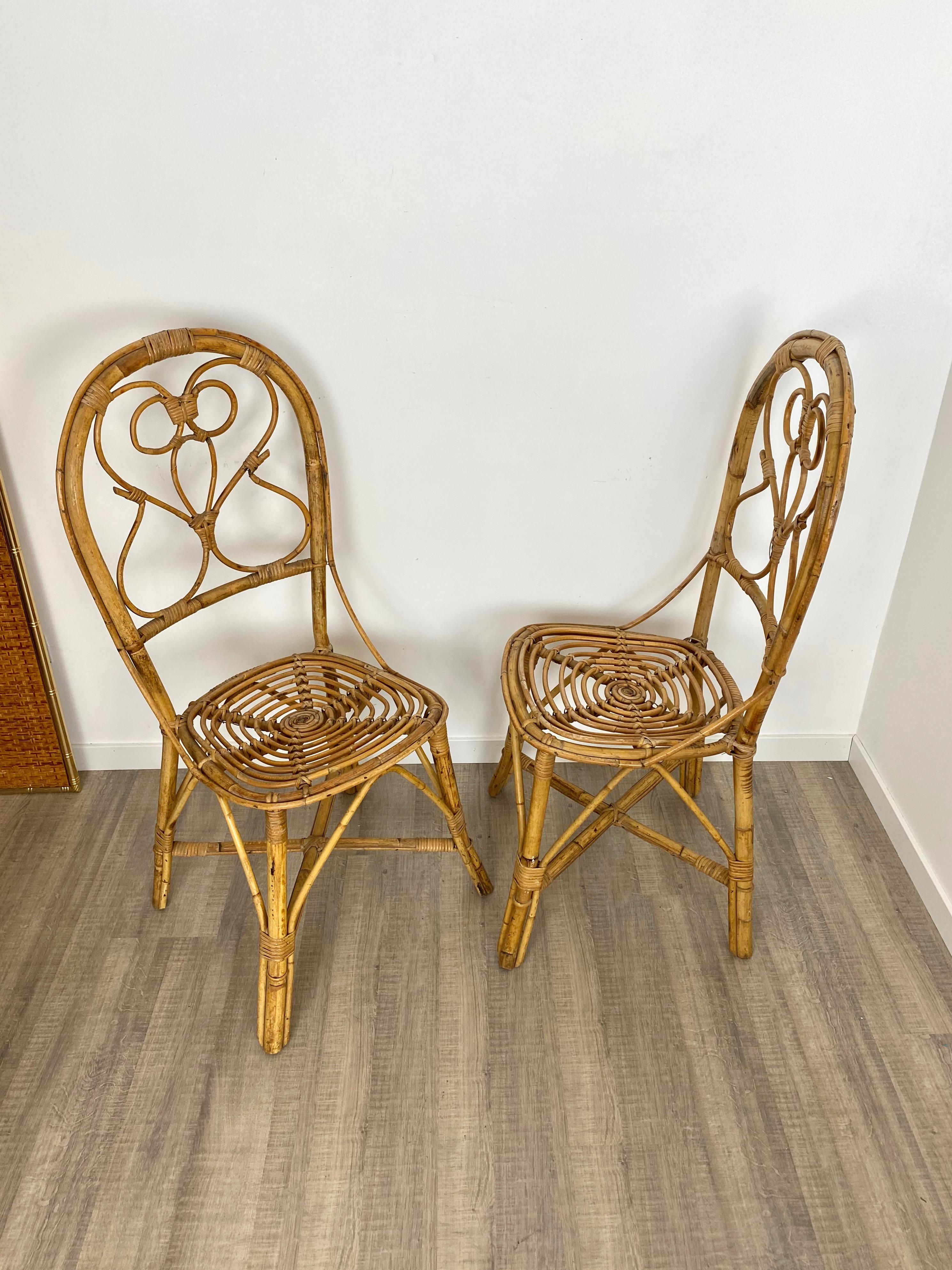 Six chaises en rotin et bambou, Italie, années 1960 en vente 1