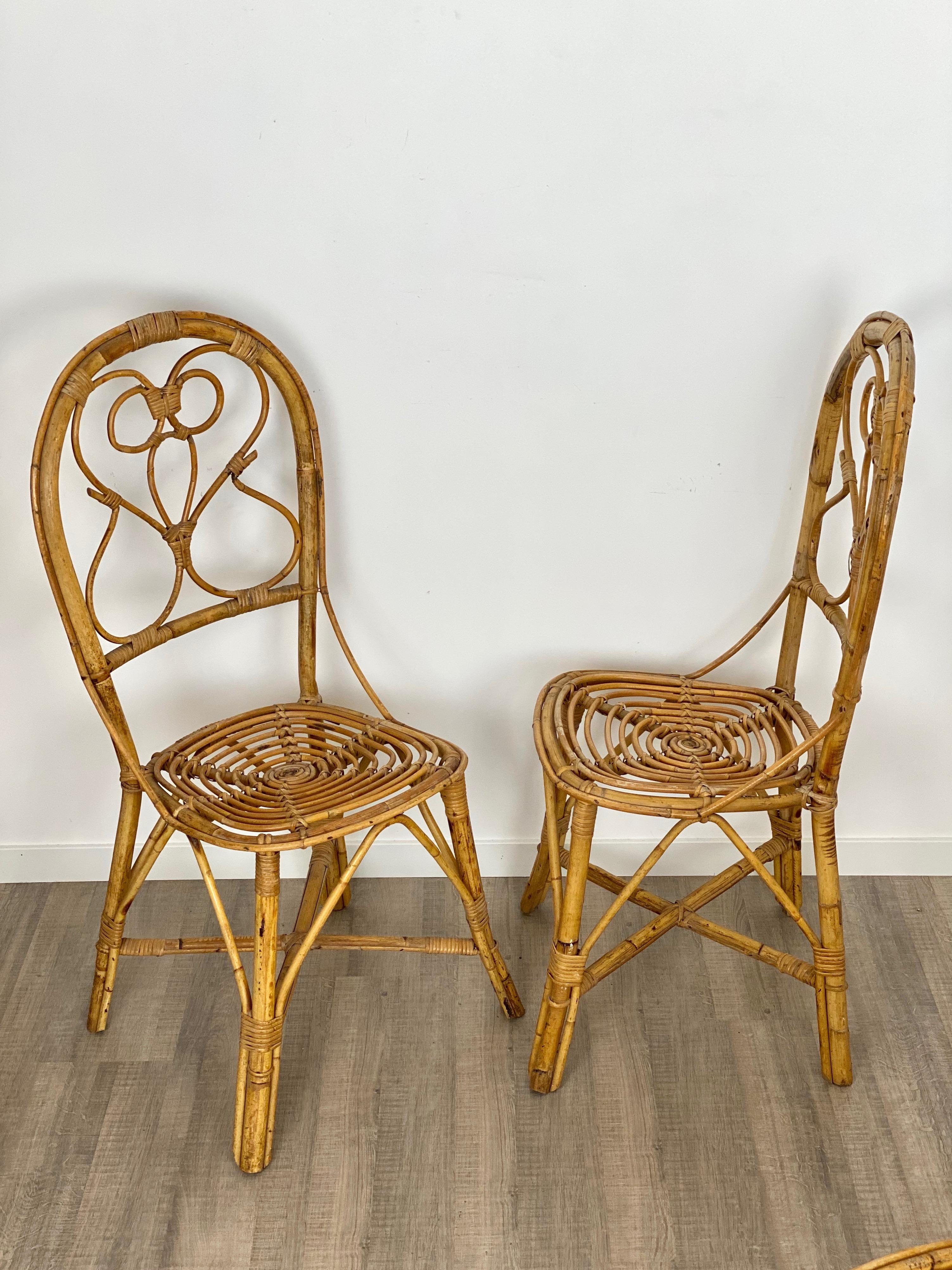 Six chaises en rotin et bambou, Italie, années 1960 en vente 2