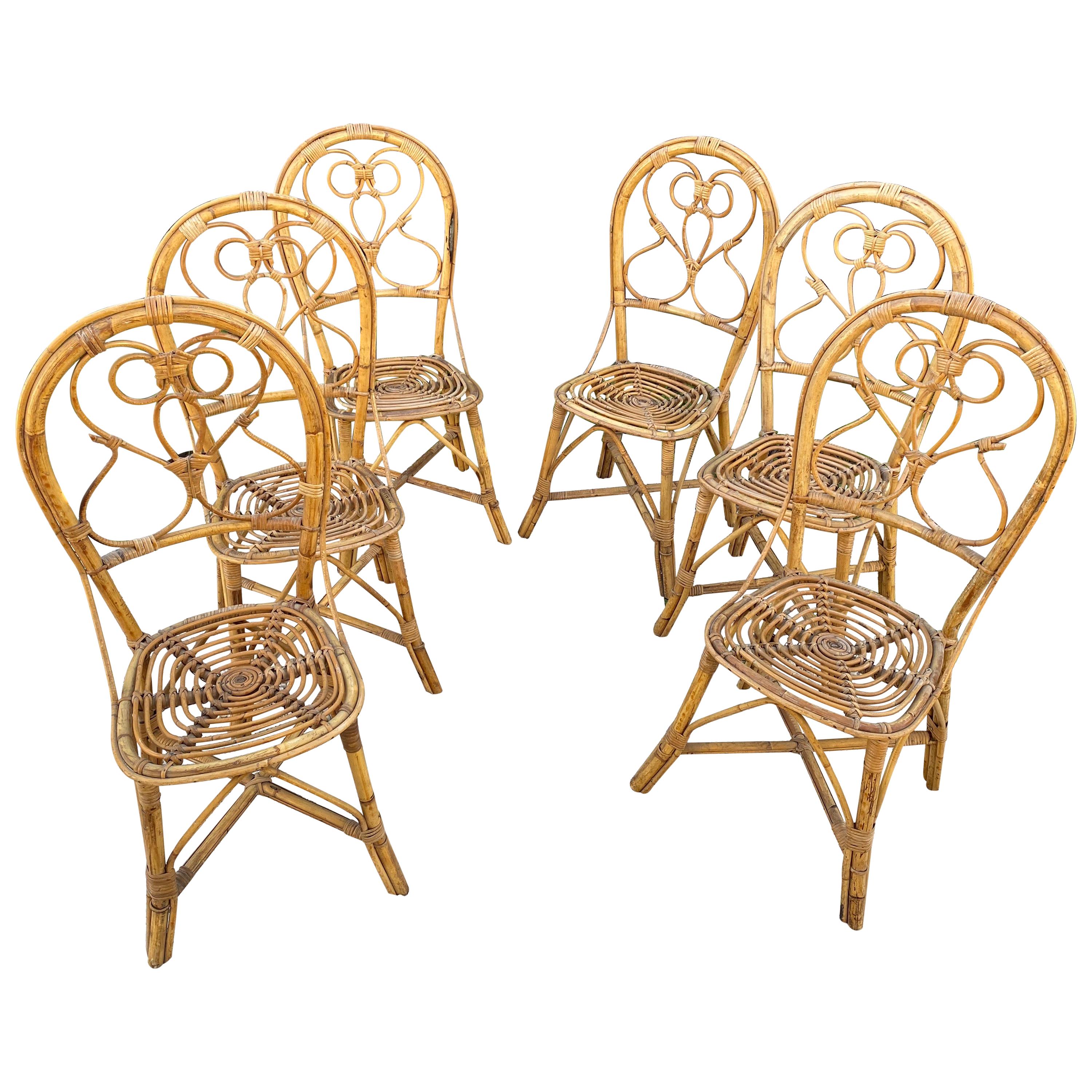 Six Chairs Rattan and Bamboo, Italy, 1960s For Sale