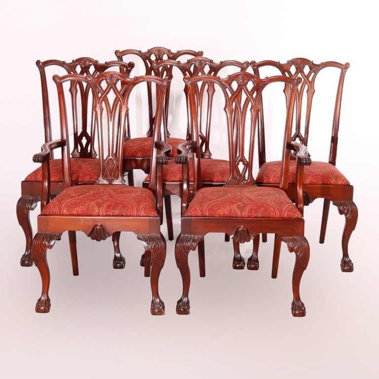 Six Charak Chippendale Style Carved Mahogany Ribbon Back Dining Chairs,  c1930 For Sale at 1stDibs