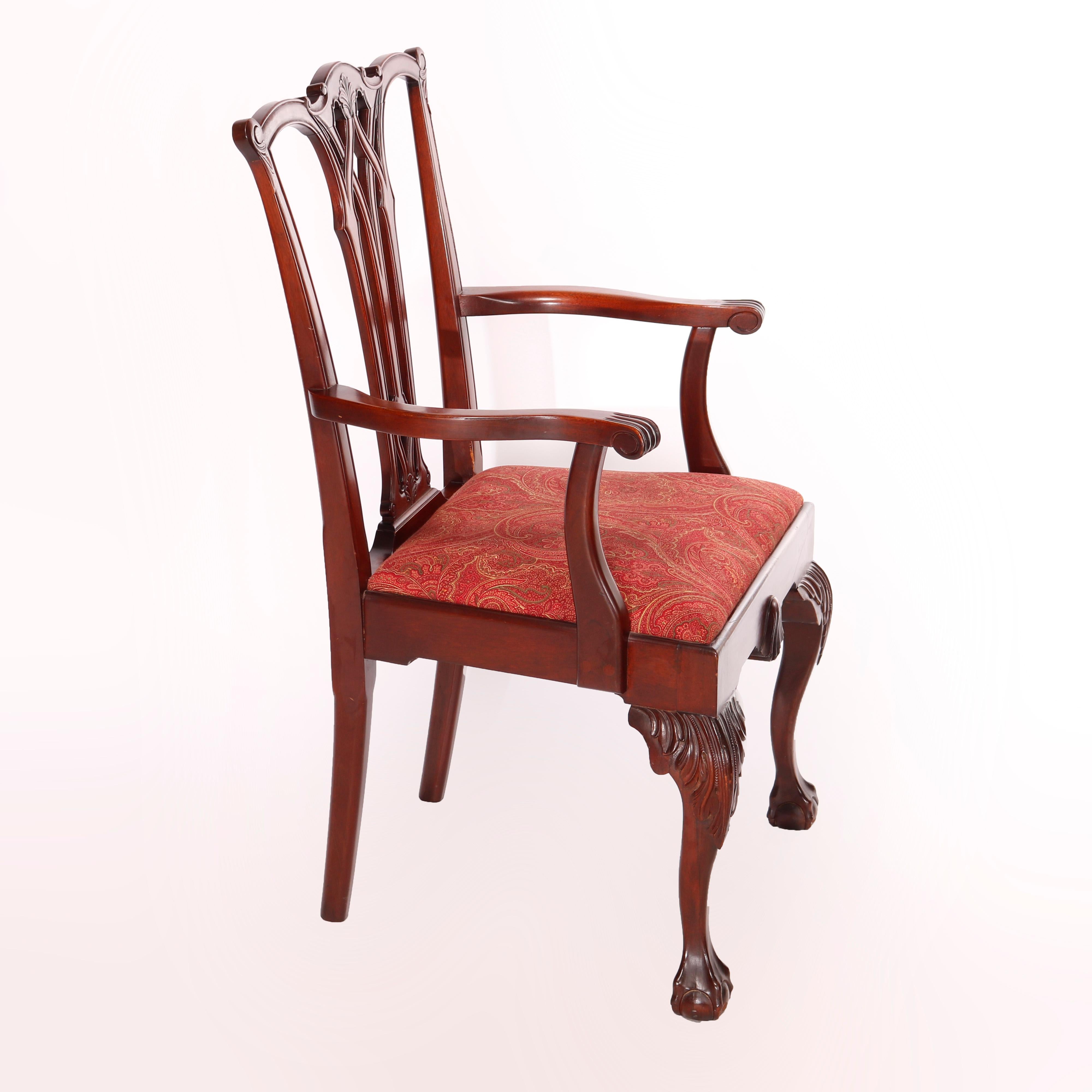 Six Charak Chippendale Style Carved Mahogany Ribbon Back Dining Chairs, c1930 In Good Condition In Big Flats, NY