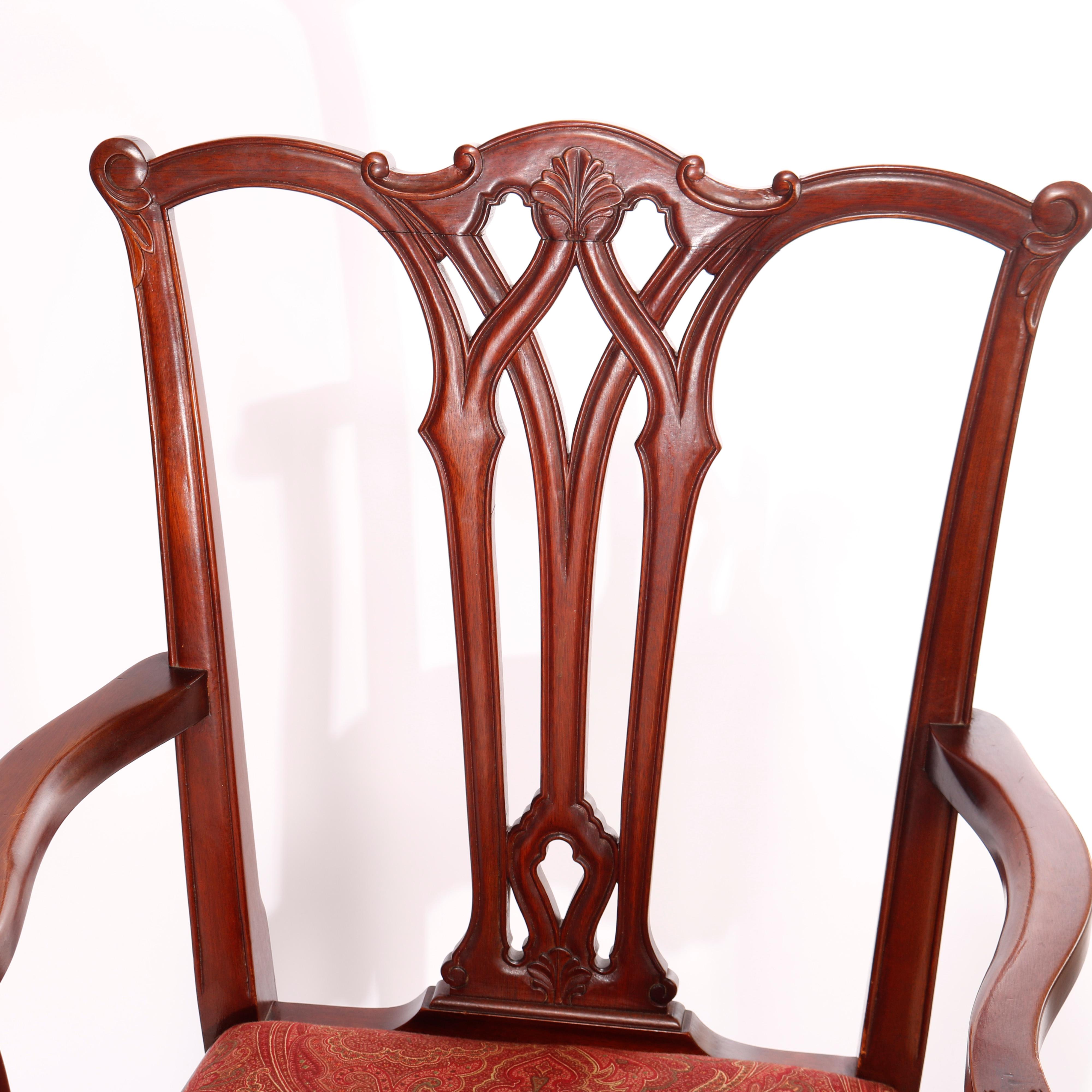 Six Charak Chippendale Style Carved Mahogany Ribbon Back Dining Chairs, c1930 3