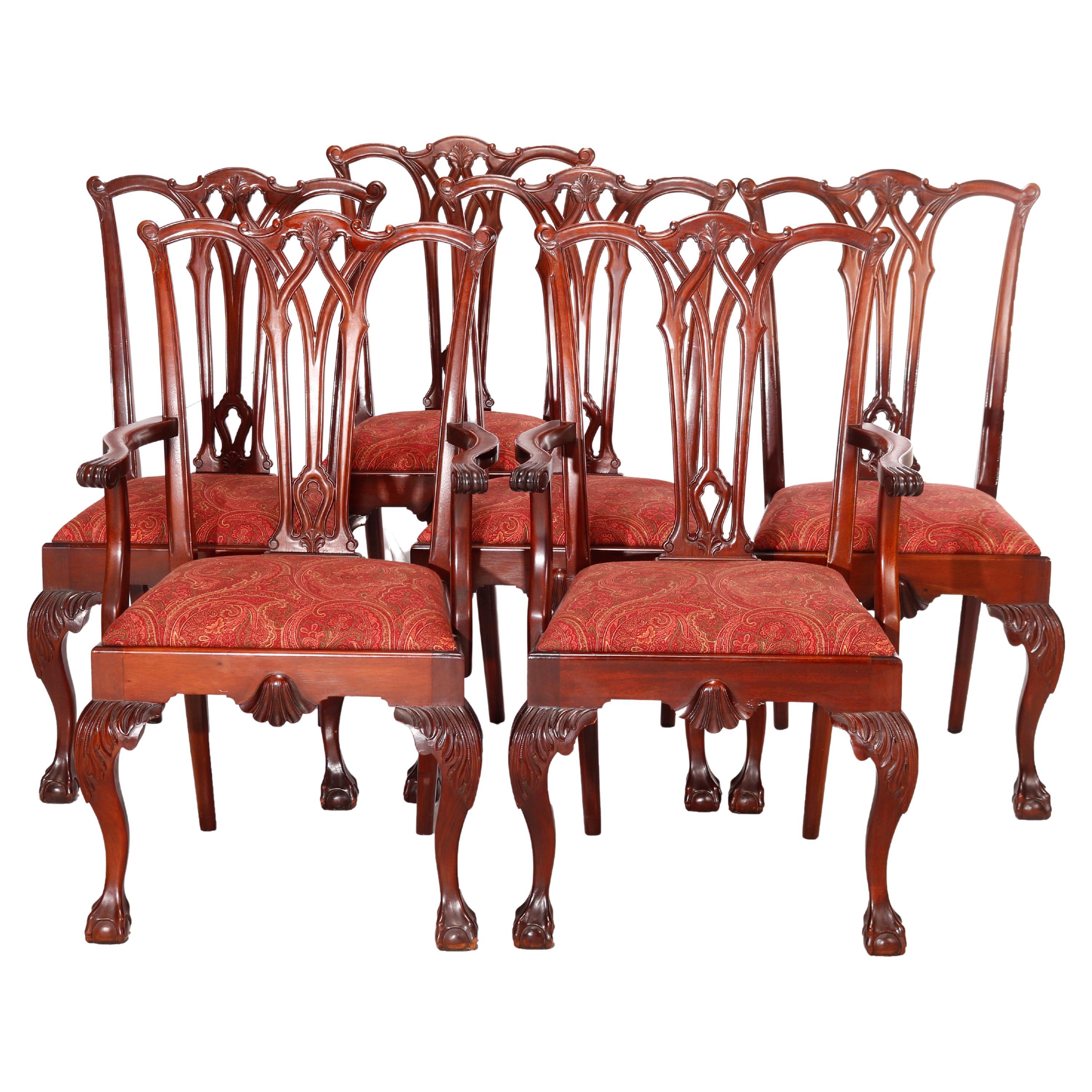 Six Charak Chippendale Style Carved Mahogany Ribbon Back Dining Chairs, c1930