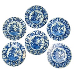 Six Chinese Blue and White Hand Painted Dishes Kangxi Era Made, circa, 1700