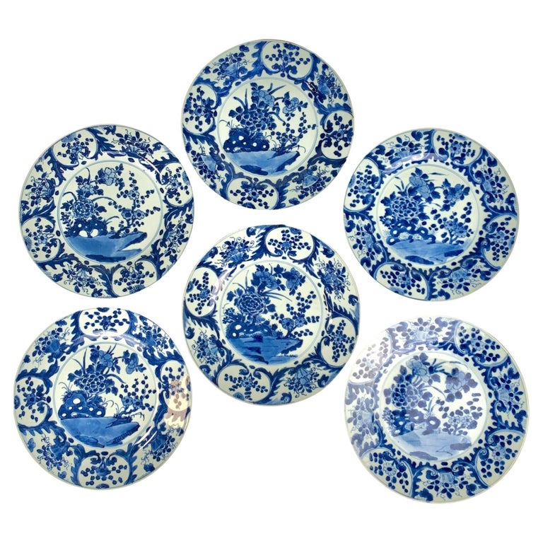 Six Chinese Blue and White Hand Painted Dishes Kangxi Era Made, circa, 1700
