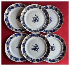 Six Chinese Export Porcelain Blue and White Dinner Plates with Grape Leaf Border