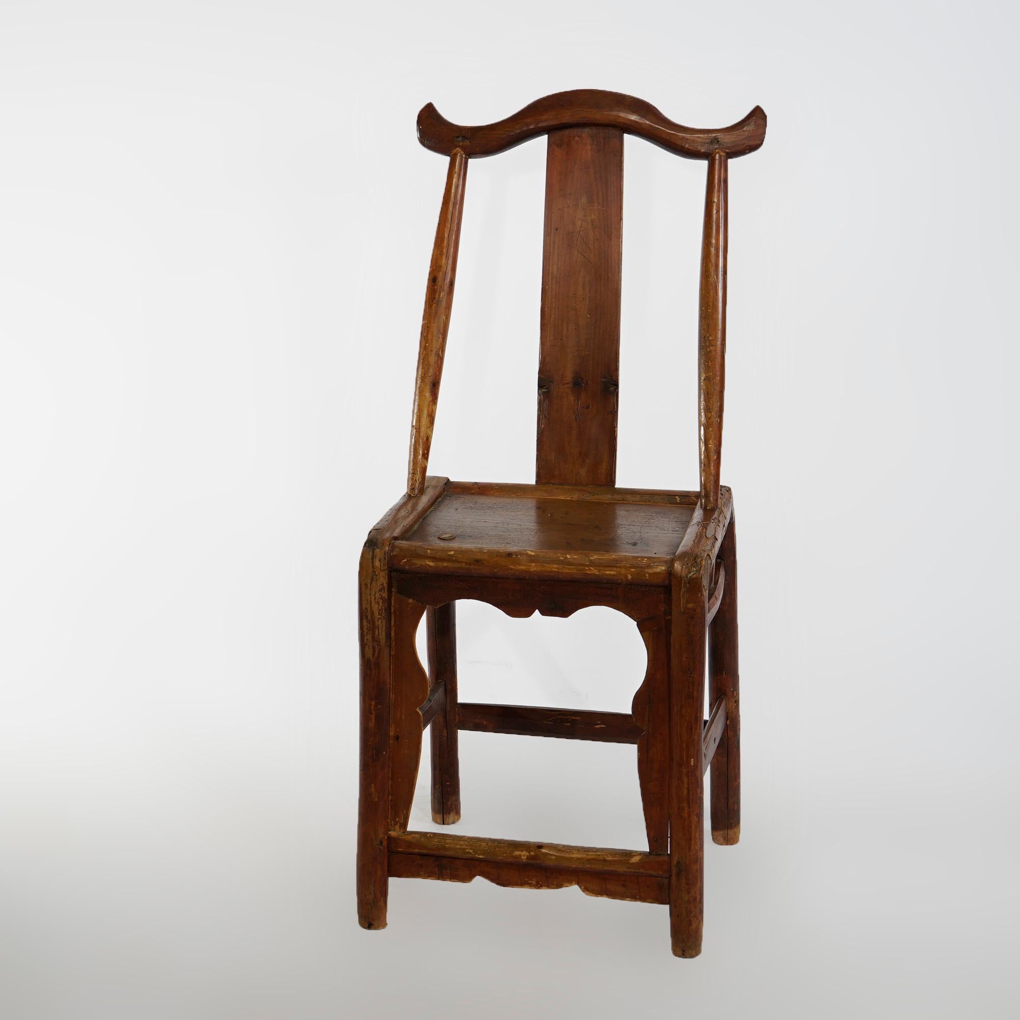 A set of six Chinese hand crafted dining chairs offer carved and pegged hardwood construction with splat backs having shaped rails and two with chop mark characters as photographed, 20th century

Measures - 41.25''H x 18.25''W x 18.5''D; 20.5'' seat