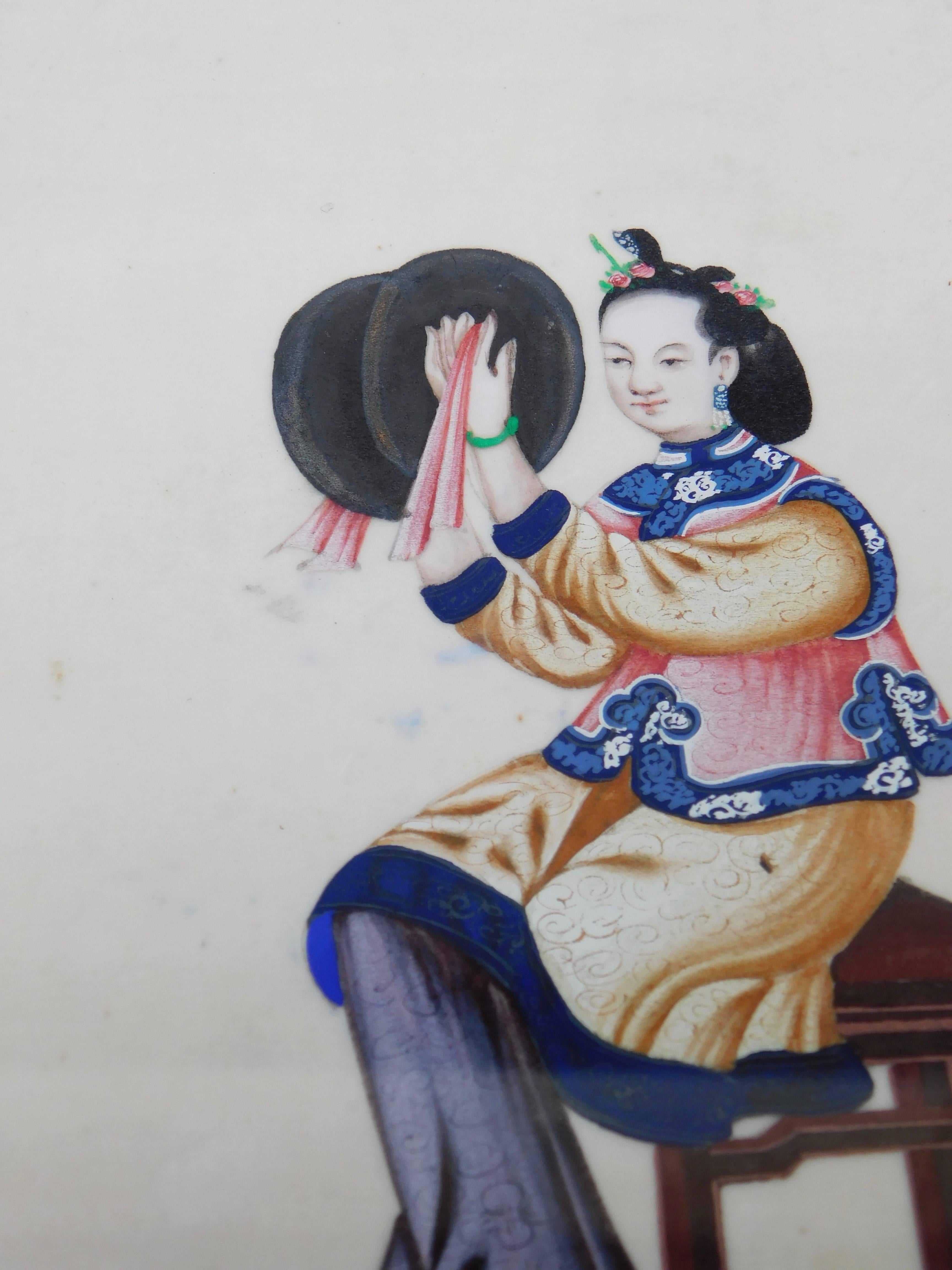 Six Antique Chinese Paintings of Noble Ladies on Rice Paper In Gilt Wood Frames 5