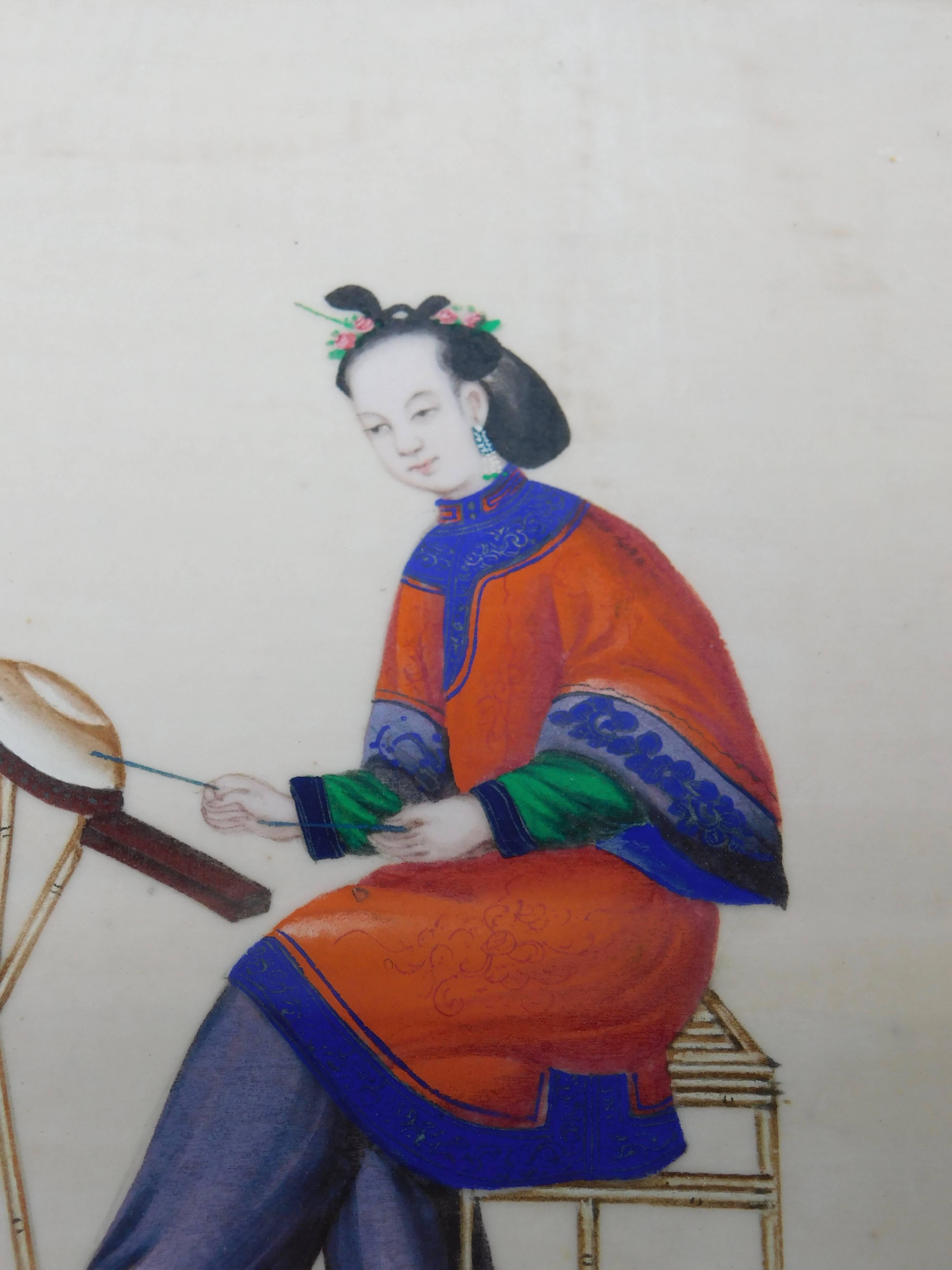 Six Antique Chinese Paintings of Noble Ladies on Rice Paper In Gilt Wood Frames 6