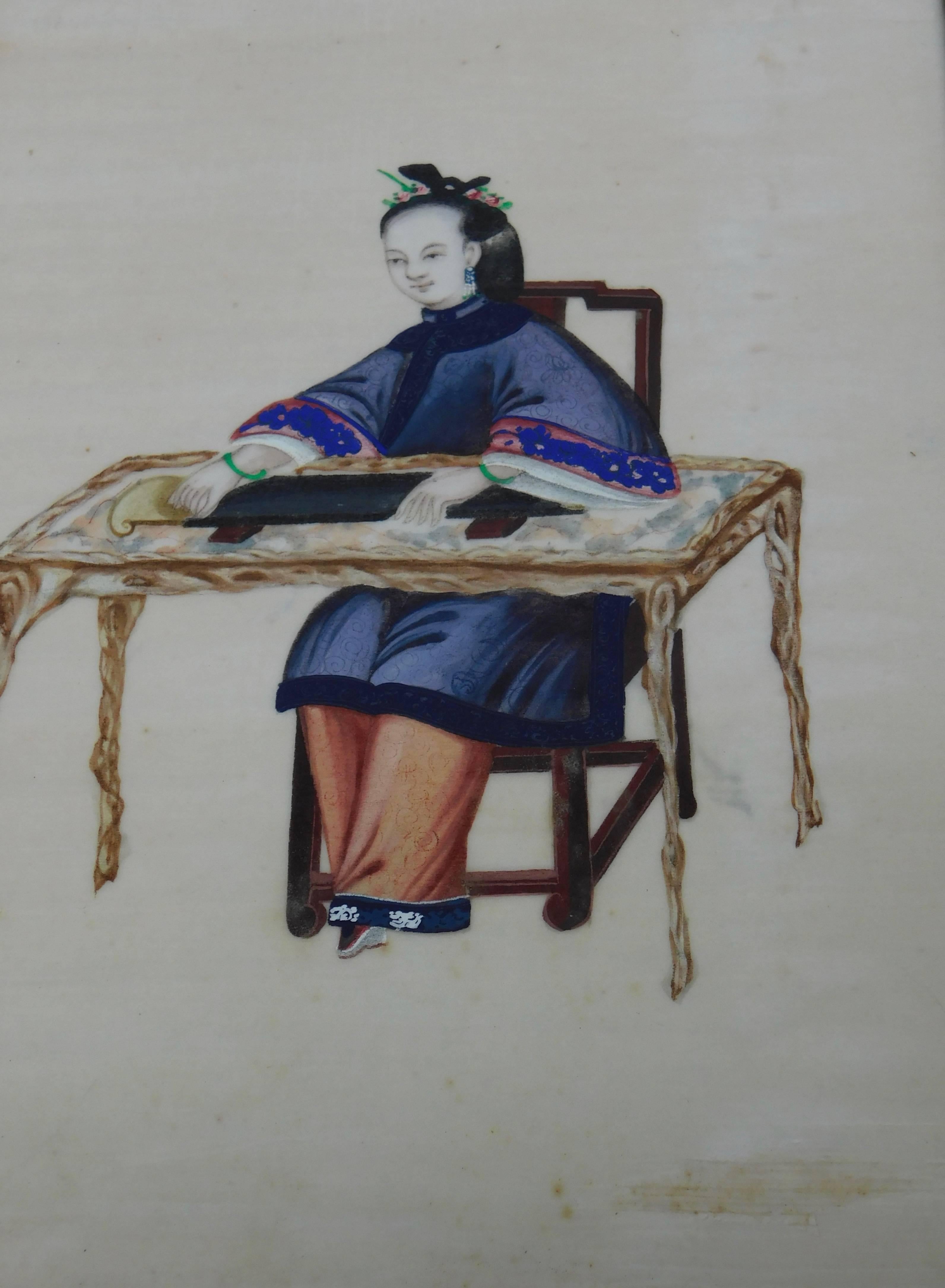 Six Antique Chinese Paintings of Noble Ladies on Rice Paper In Gilt Wood Frames 8