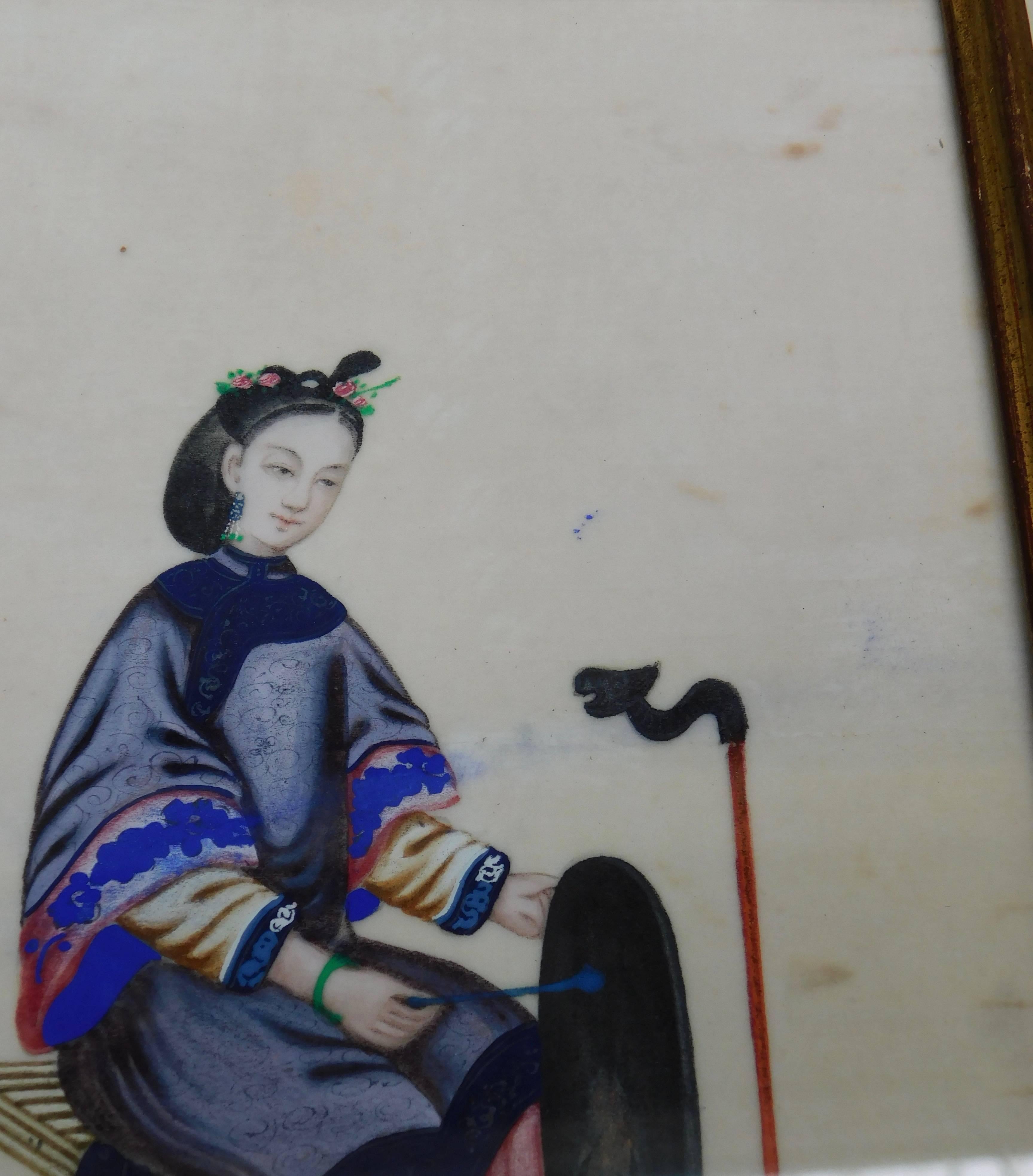 Six Antique Chinese Paintings of Noble Ladies on Rice Paper In Gilt Wood Frames 9