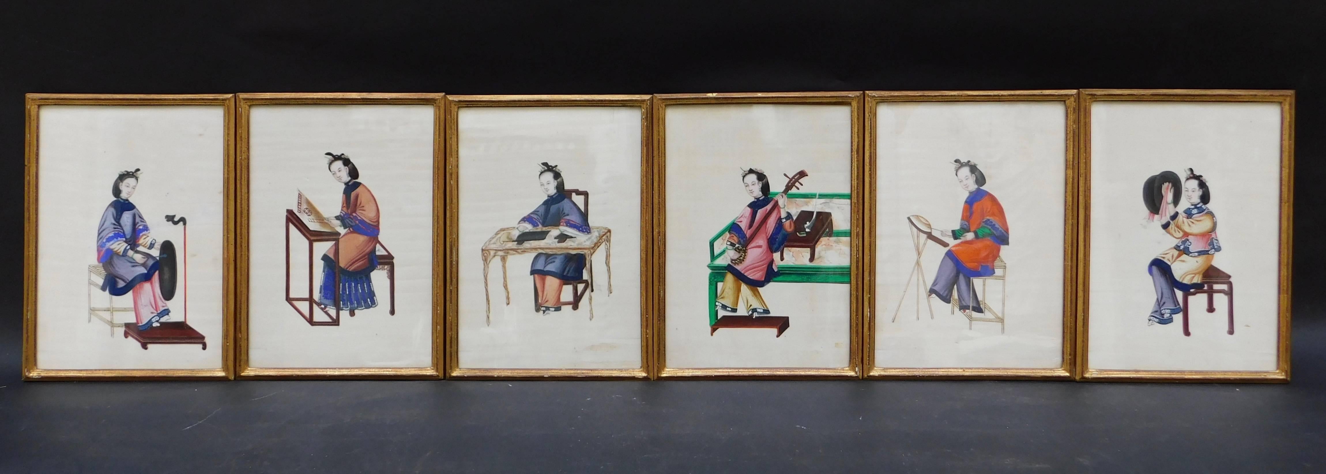 A group of six Chinese paintings of noble ladies on rice paper .Individually framed in Europe in the 1920's in gilt wood frames. 
Exquisite detail and colours.