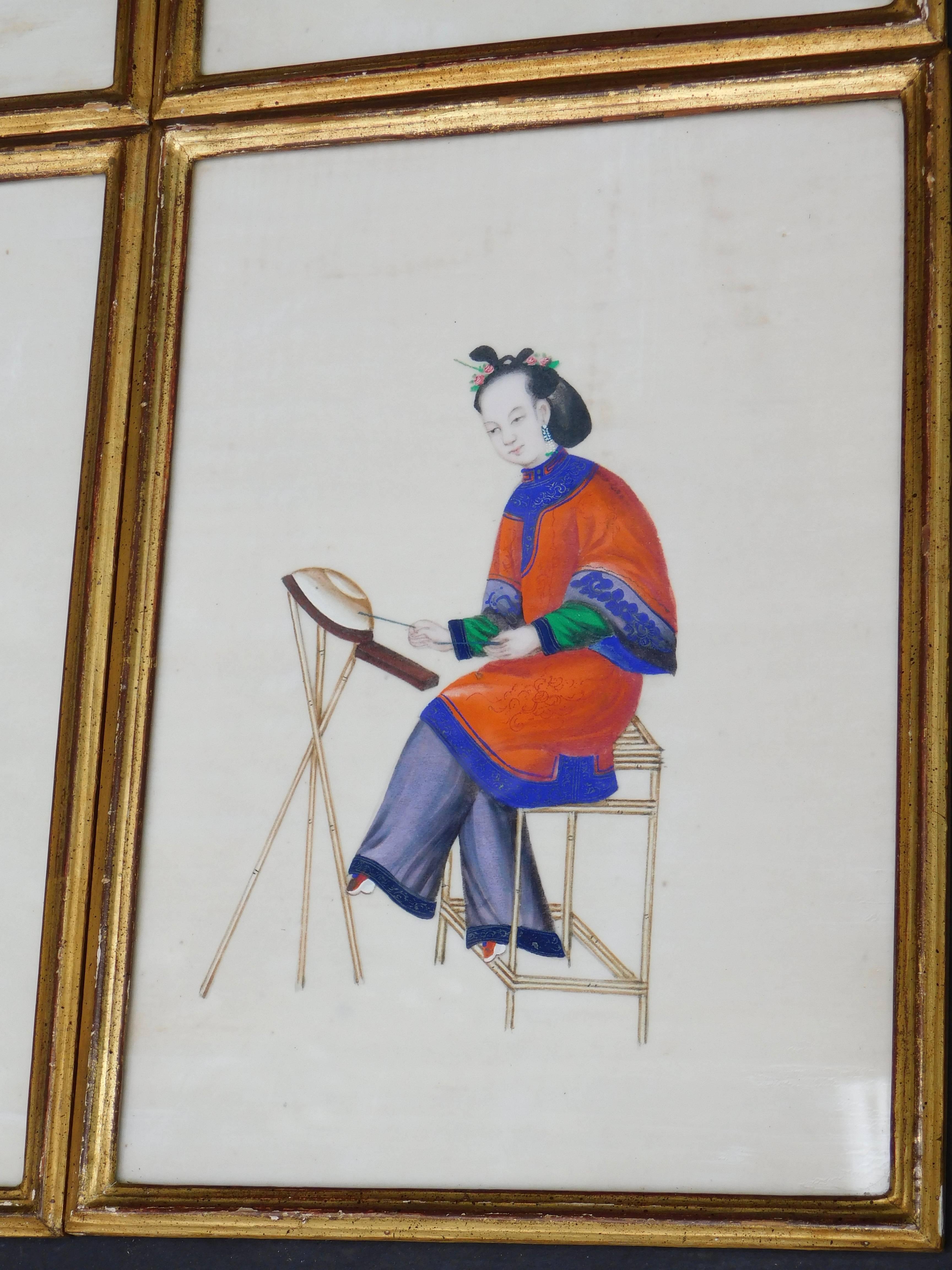Six Antique Chinese Paintings of Noble Ladies on Rice Paper In Gilt Wood Frames In Good Condition In Antwerp, BE