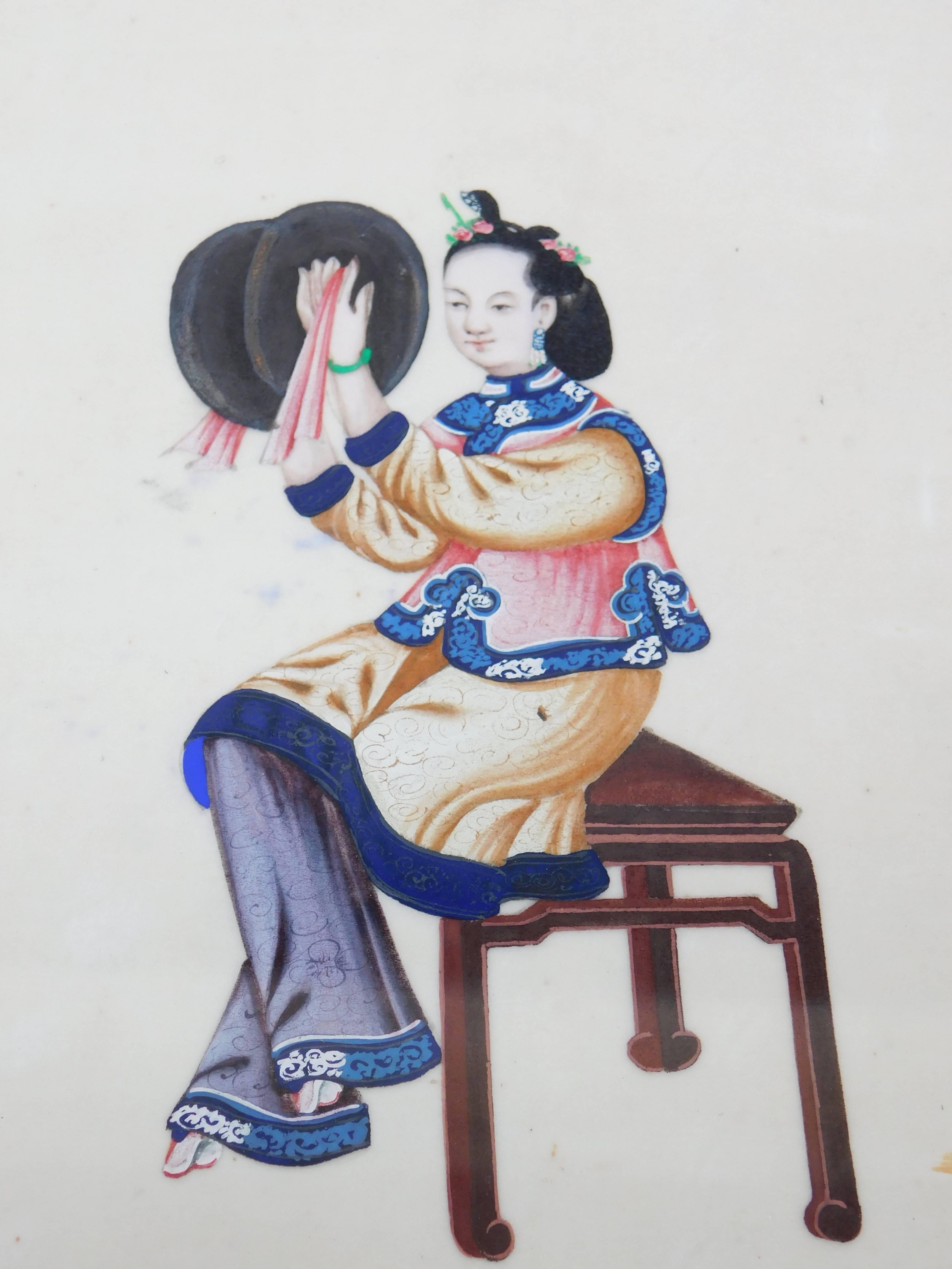 20th Century Six Antique Chinese Paintings of Noble Ladies on Rice Paper In Gilt Wood Frames