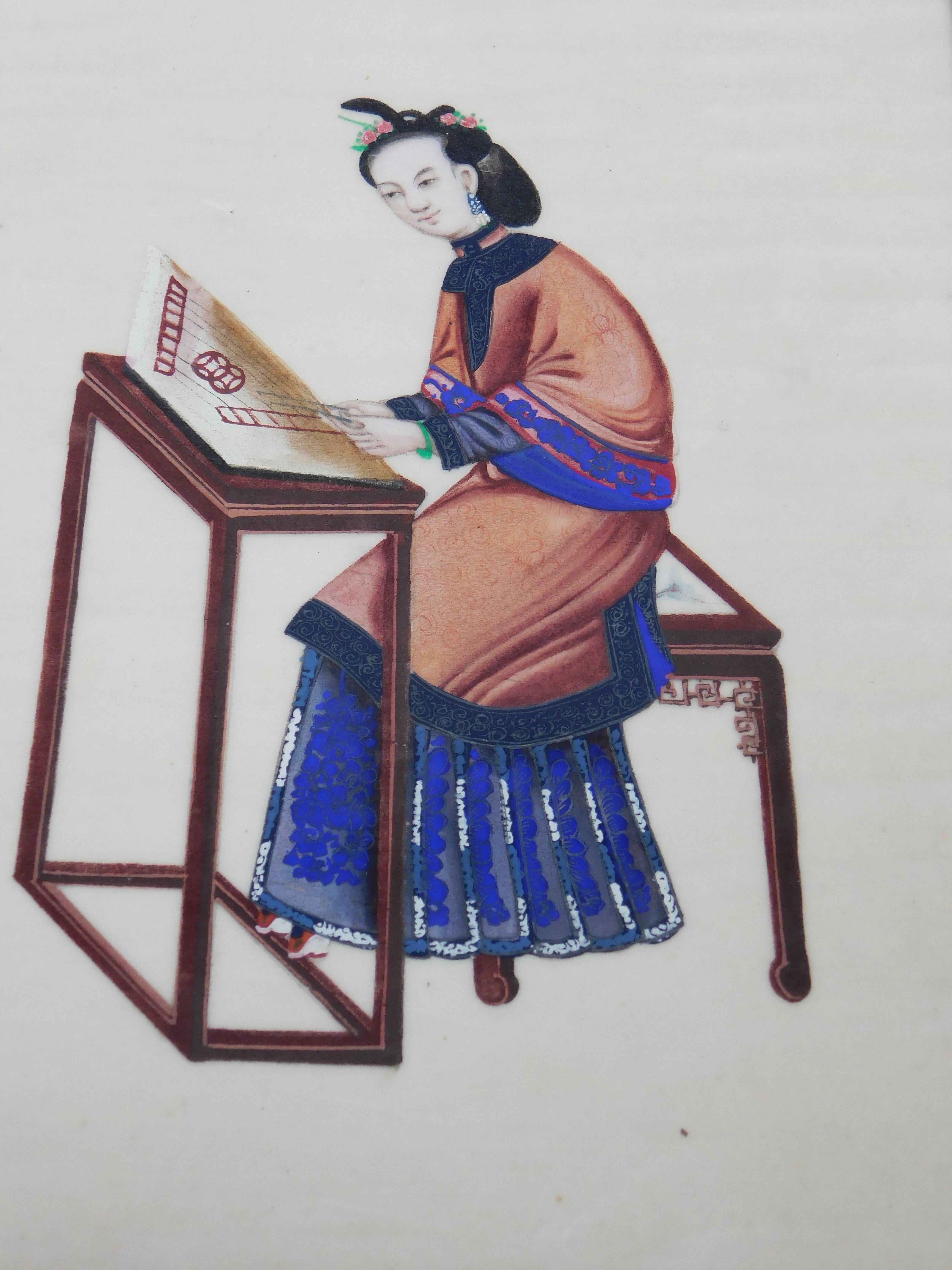 Six Antique Chinese Paintings of Noble Ladies on Rice Paper In Gilt Wood Frames 2