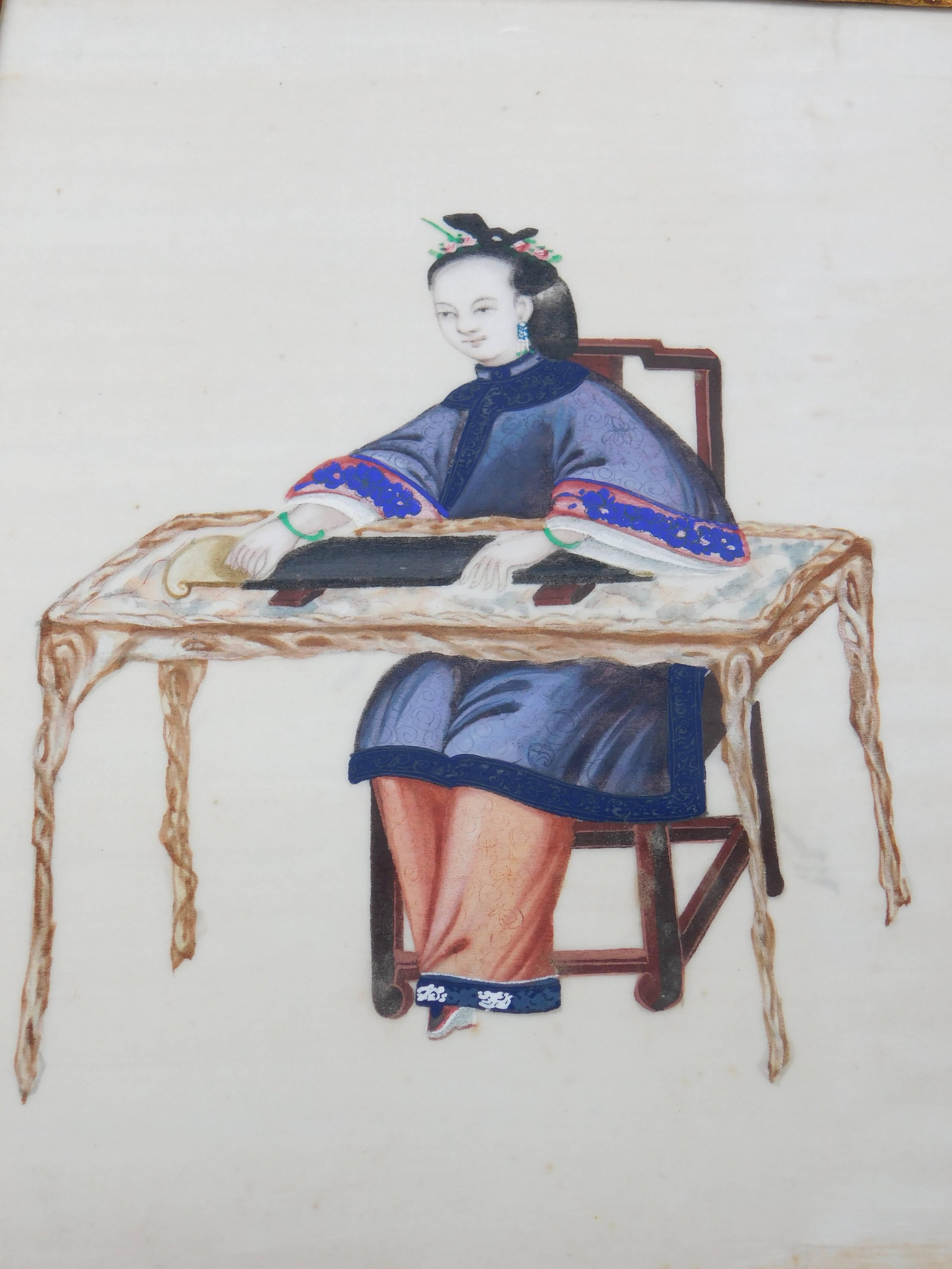 Six Antique Chinese Paintings of Noble Ladies on Rice Paper In Gilt Wood Frames 3