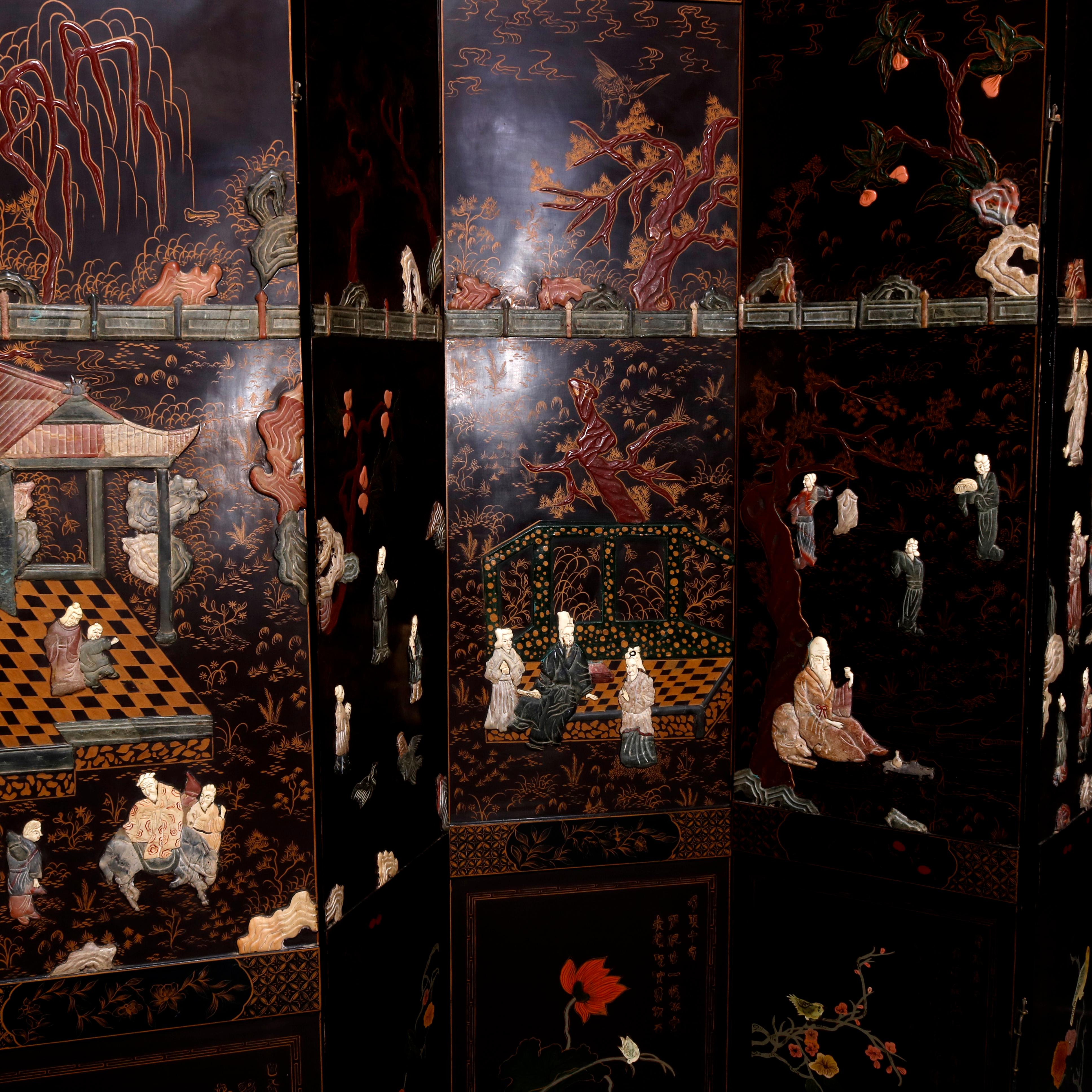 Six Chinoiserie Decorated Ebonized with Carved Hard Stone Screen Panels 5