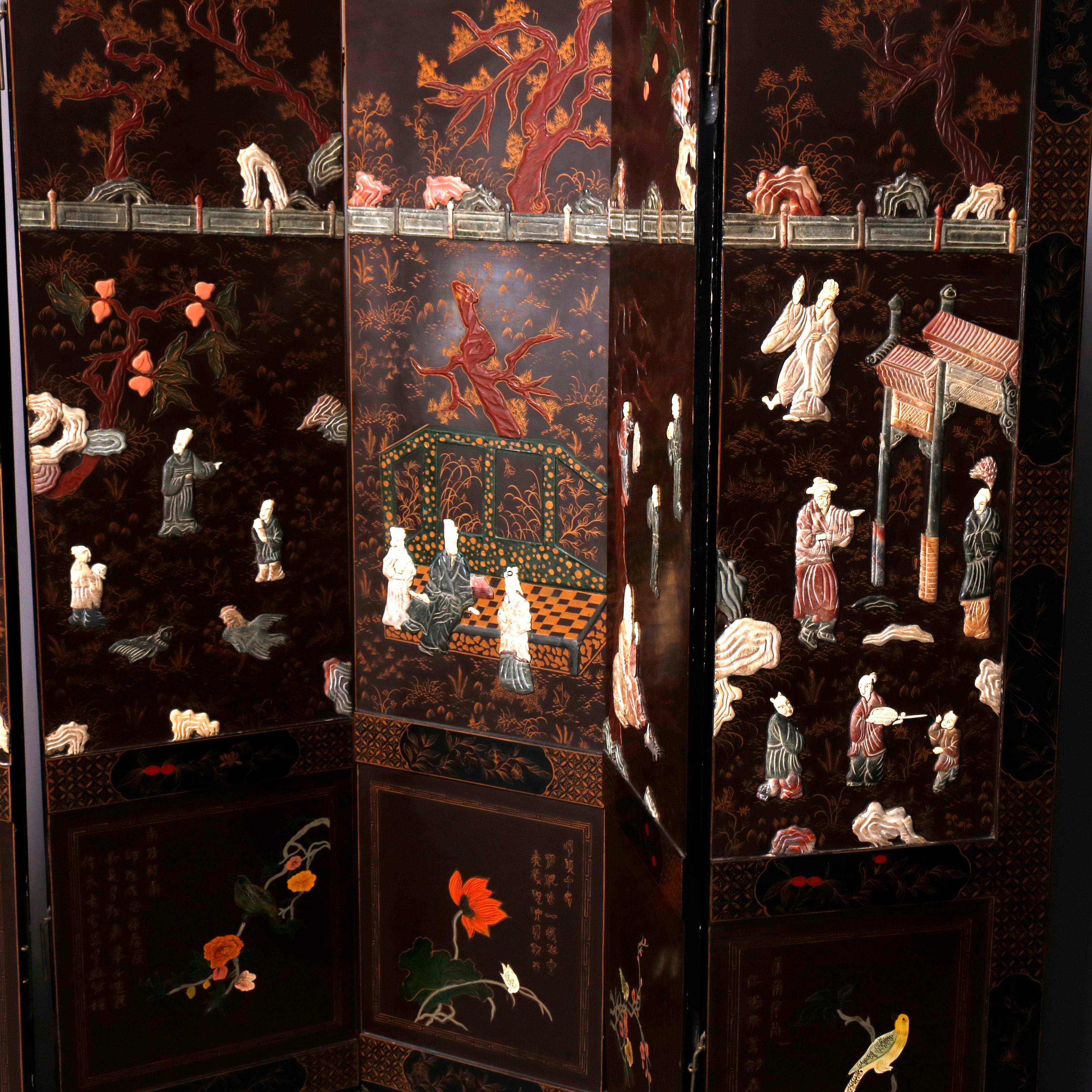 A set of six chinoiserie decorated ebonized black lacquer screen panels offer elements of countryside scene with figures in carved hard stone and hand painted with gilt decoration, panels are independent (un-attached) and not of continuous scene