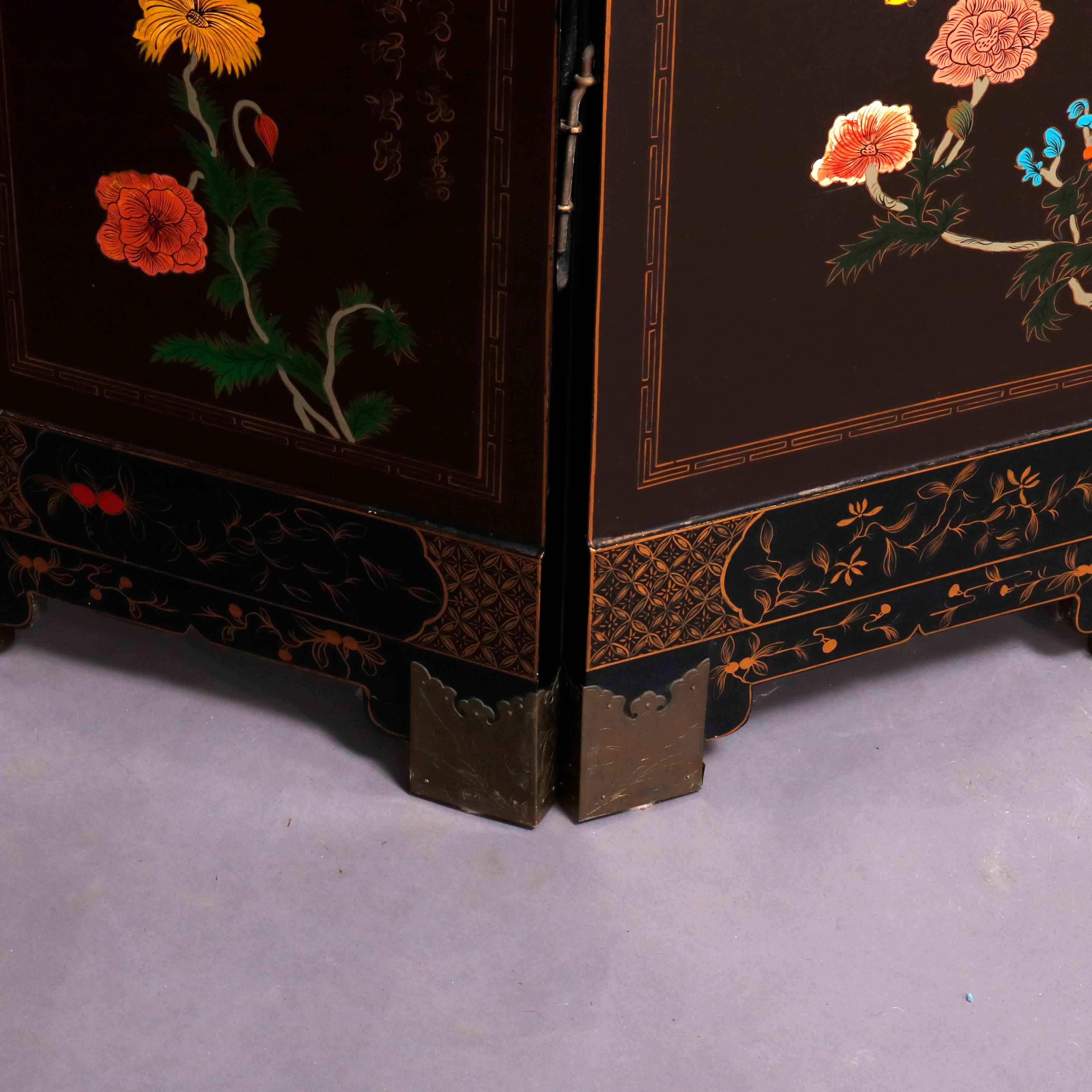 Chinese Six Chinoiserie Decorated Ebonized with Carved Hard Stone Screen Panels