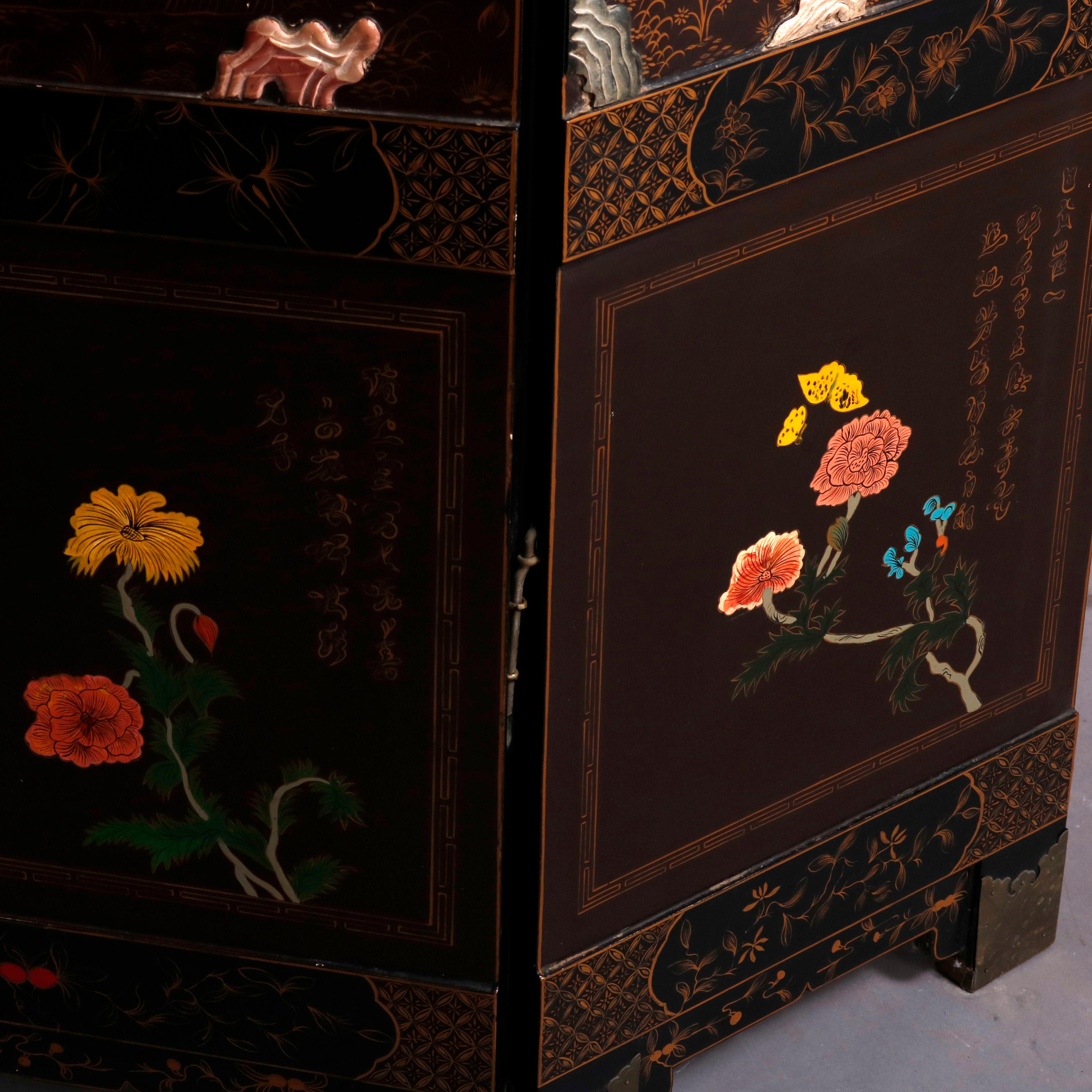 Six Chinoiserie Decorated Ebonized with Carved Hard Stone Screen Panels In Good Condition In Big Flats, NY