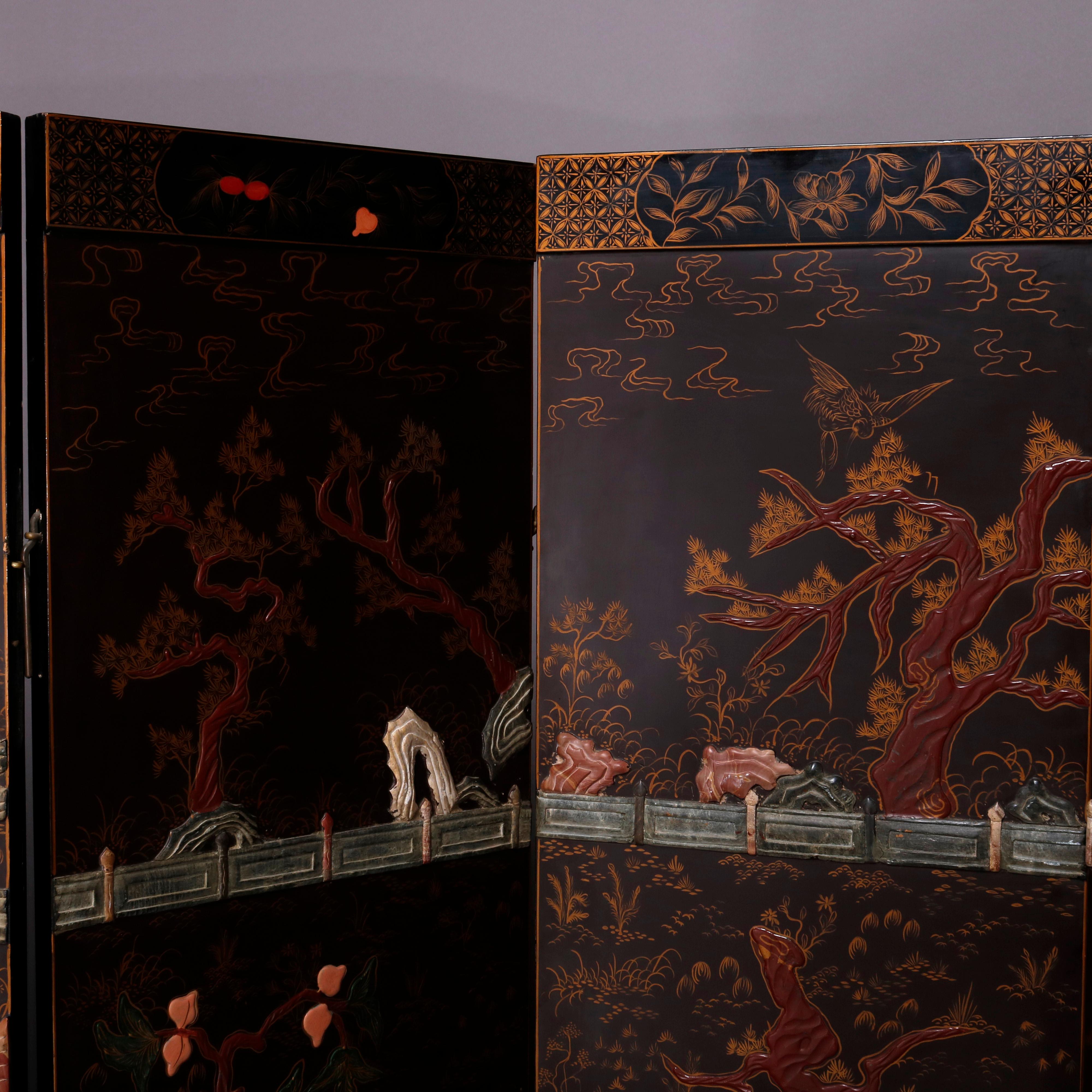 Six Chinoiserie Decorated Ebonized with Carved Hard Stone Screen Panels 1