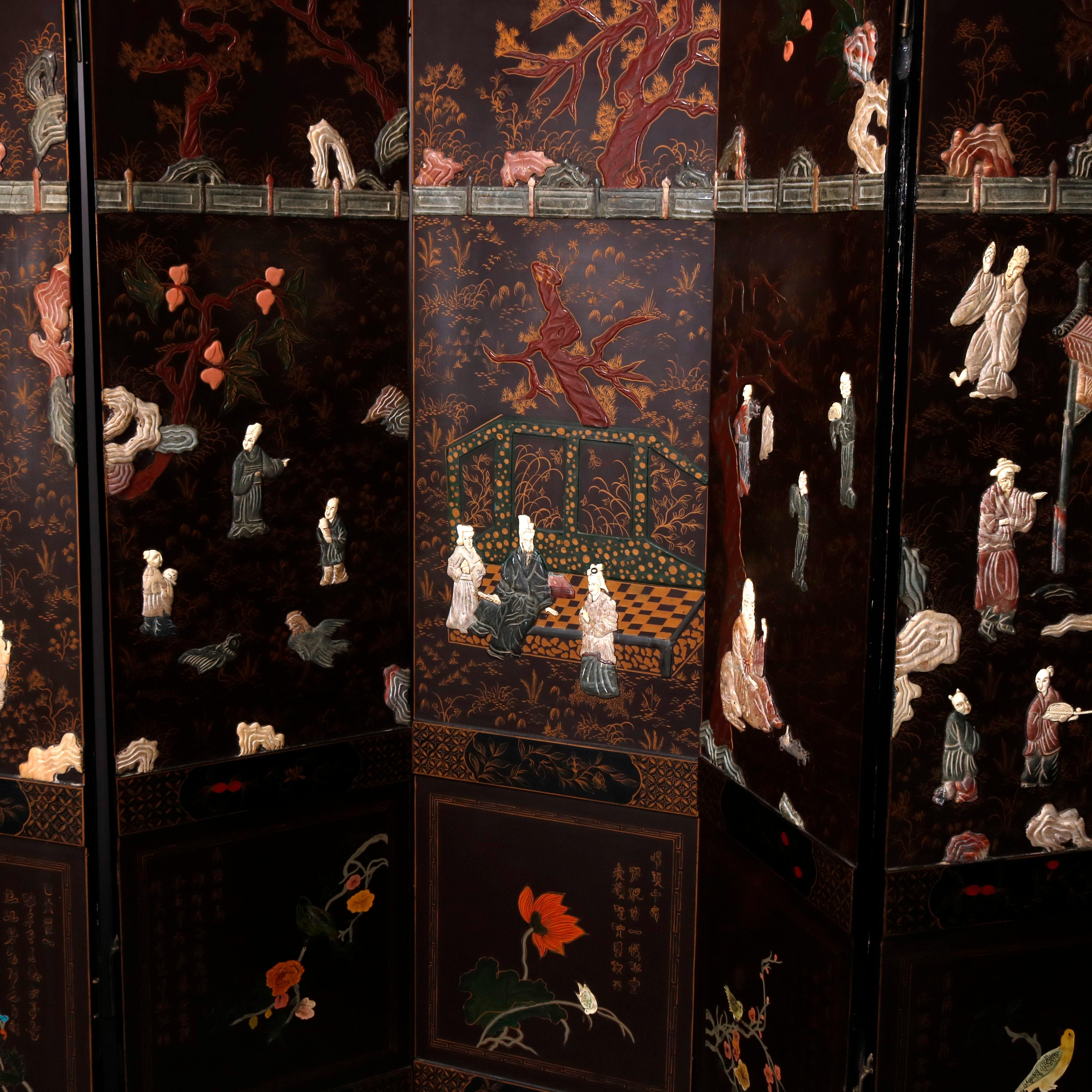Six Chinoiserie Decorated Ebonized with Carved Hard Stone Screen Panels 2
