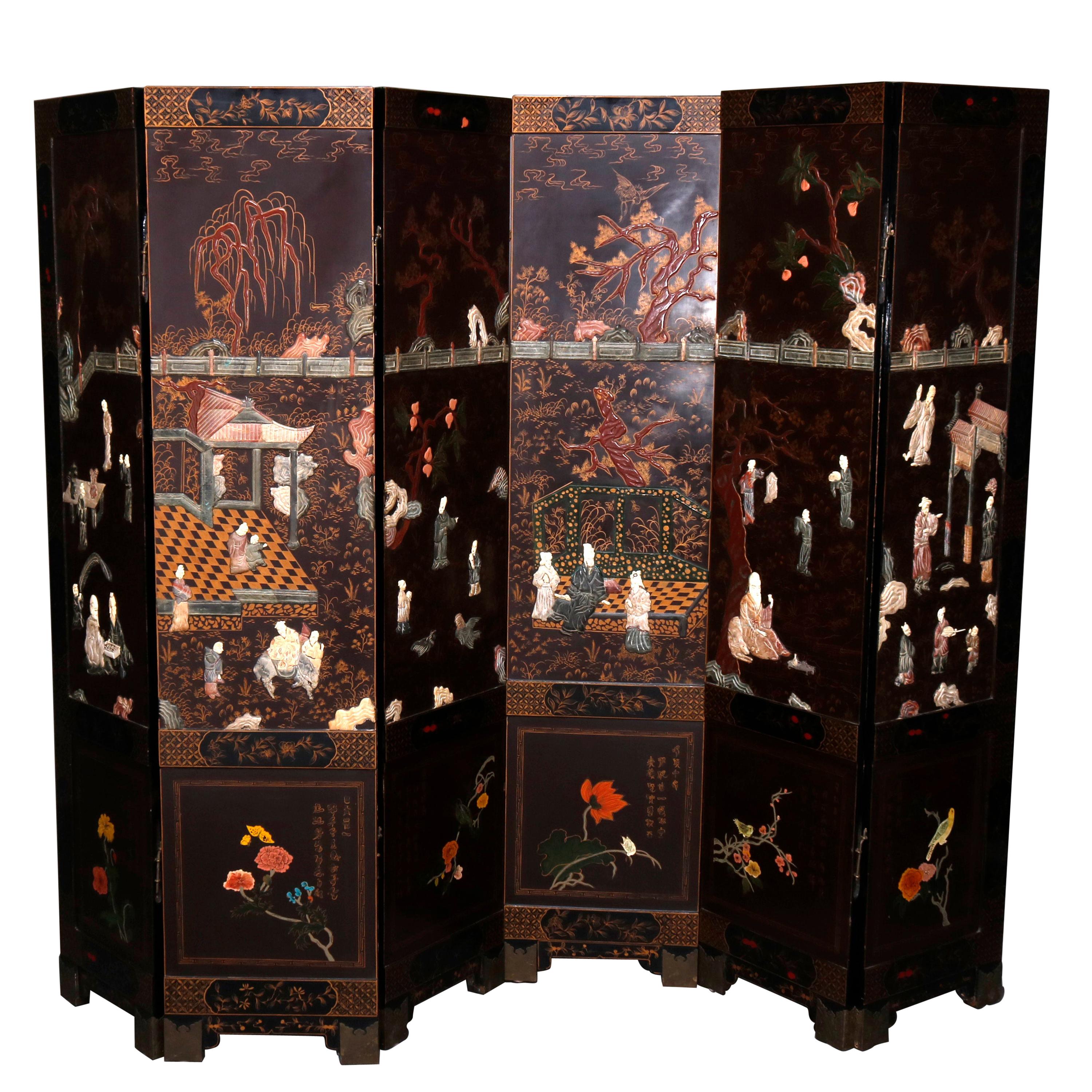 Six Chinoiserie Decorated Ebonized with Carved Hard Stone Screen Panels