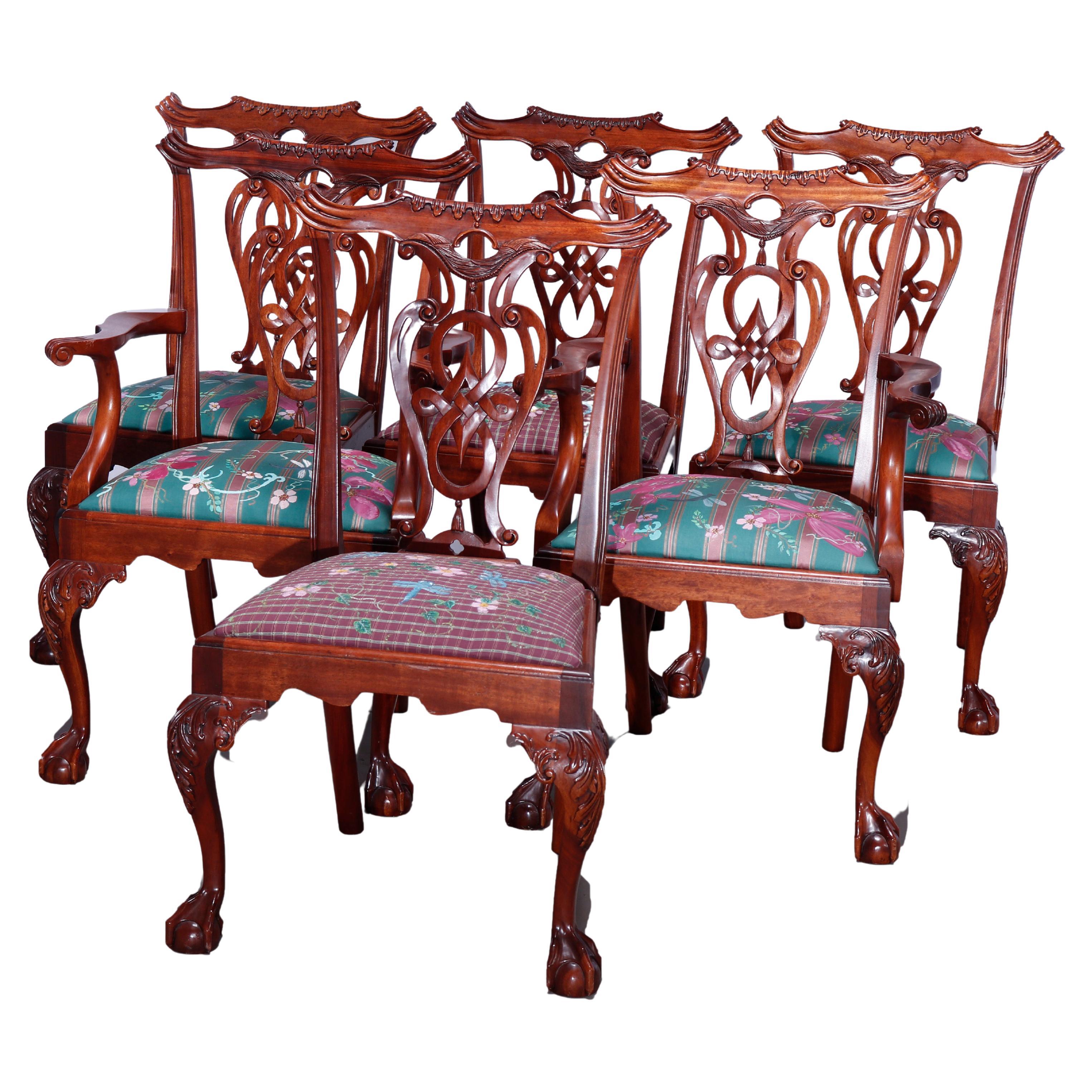 Six Chippendale Style Carved Mahogany Shied Back Dining Chairs 20th C For Sale