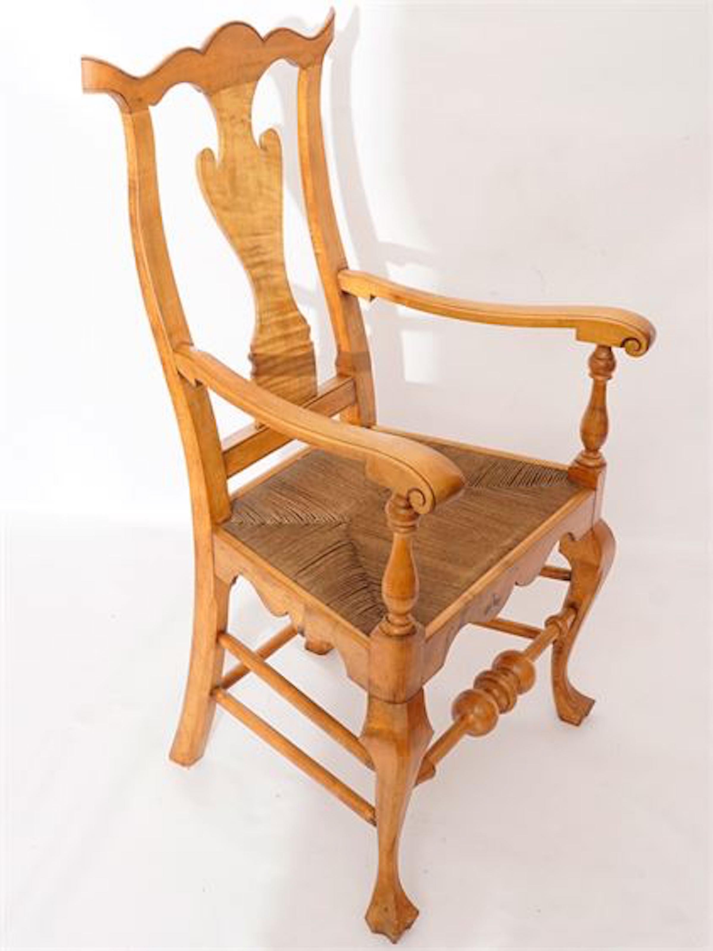 American Six Chippendale Style Tiger Maple Dining Chairs For Sale
