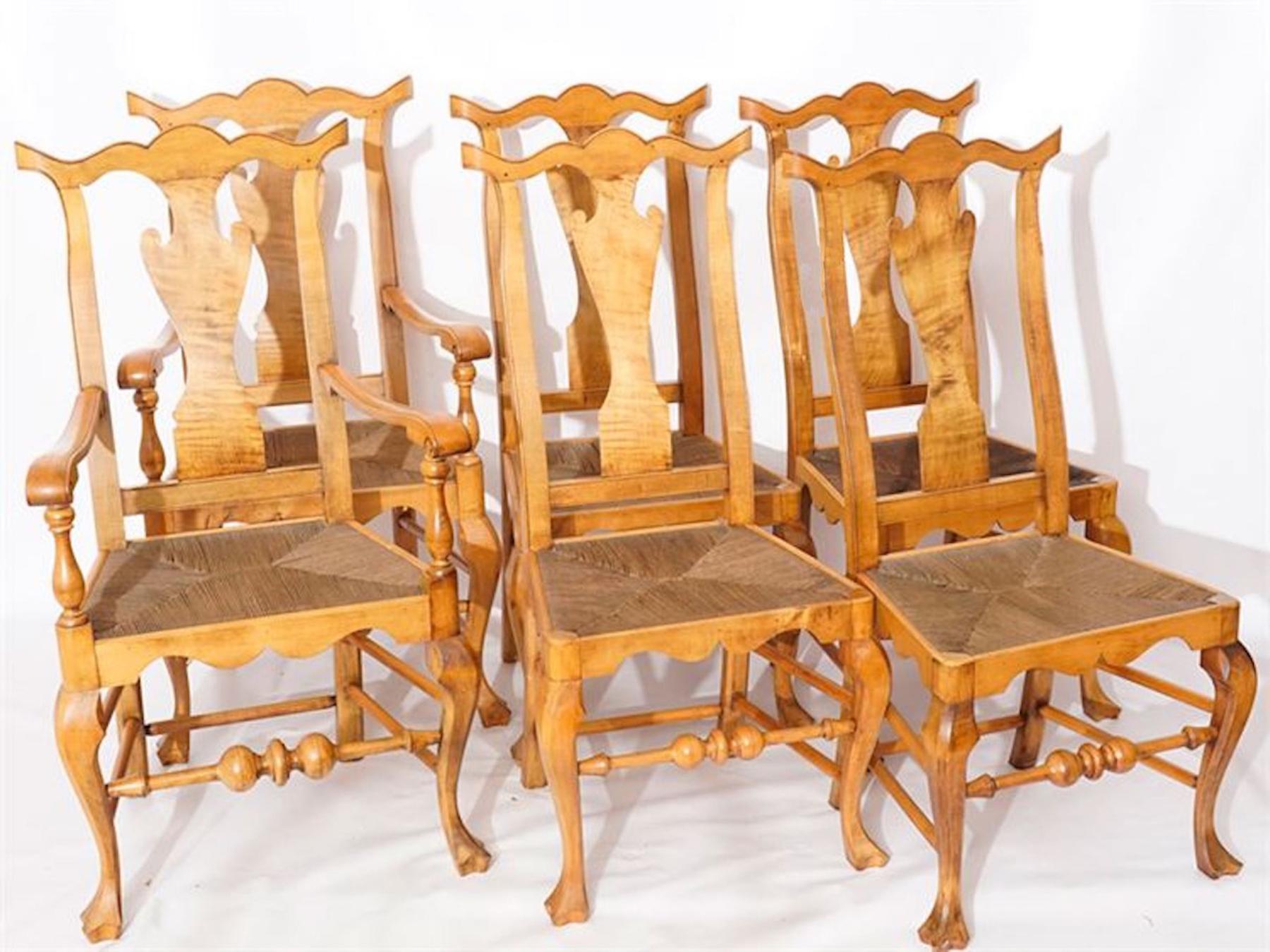 Six Chippendale Style Tiger Maple Dining Chairs For Sale 2
