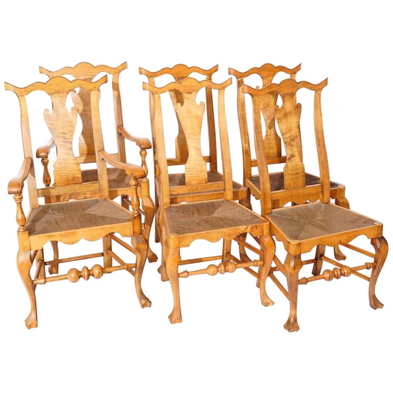 Six Chippendale Style Tiger Maple Dining Chairs