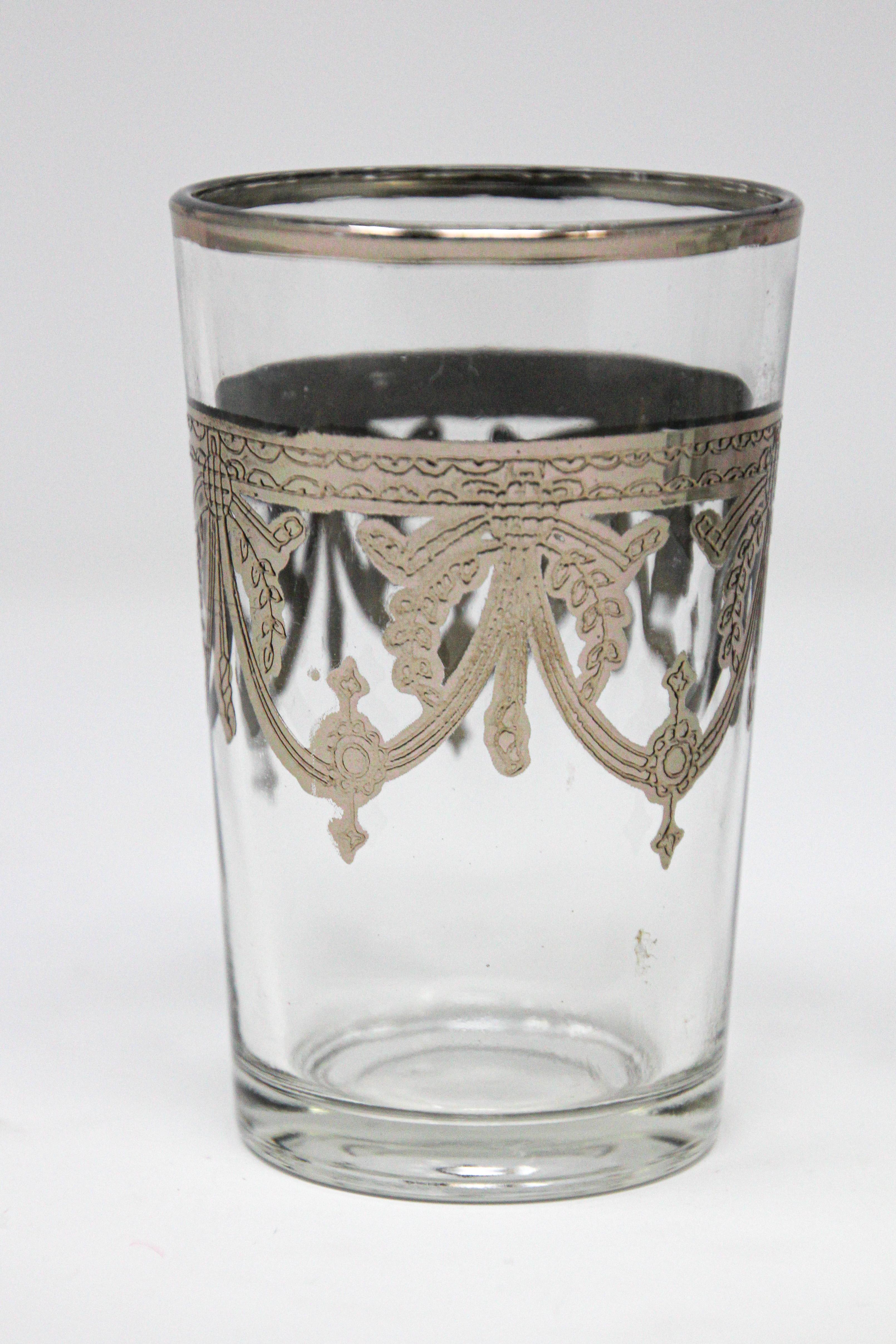 Moroccan Glasses Set of Six Clear with Silver Overlay Moorish Pattern For Sale 3