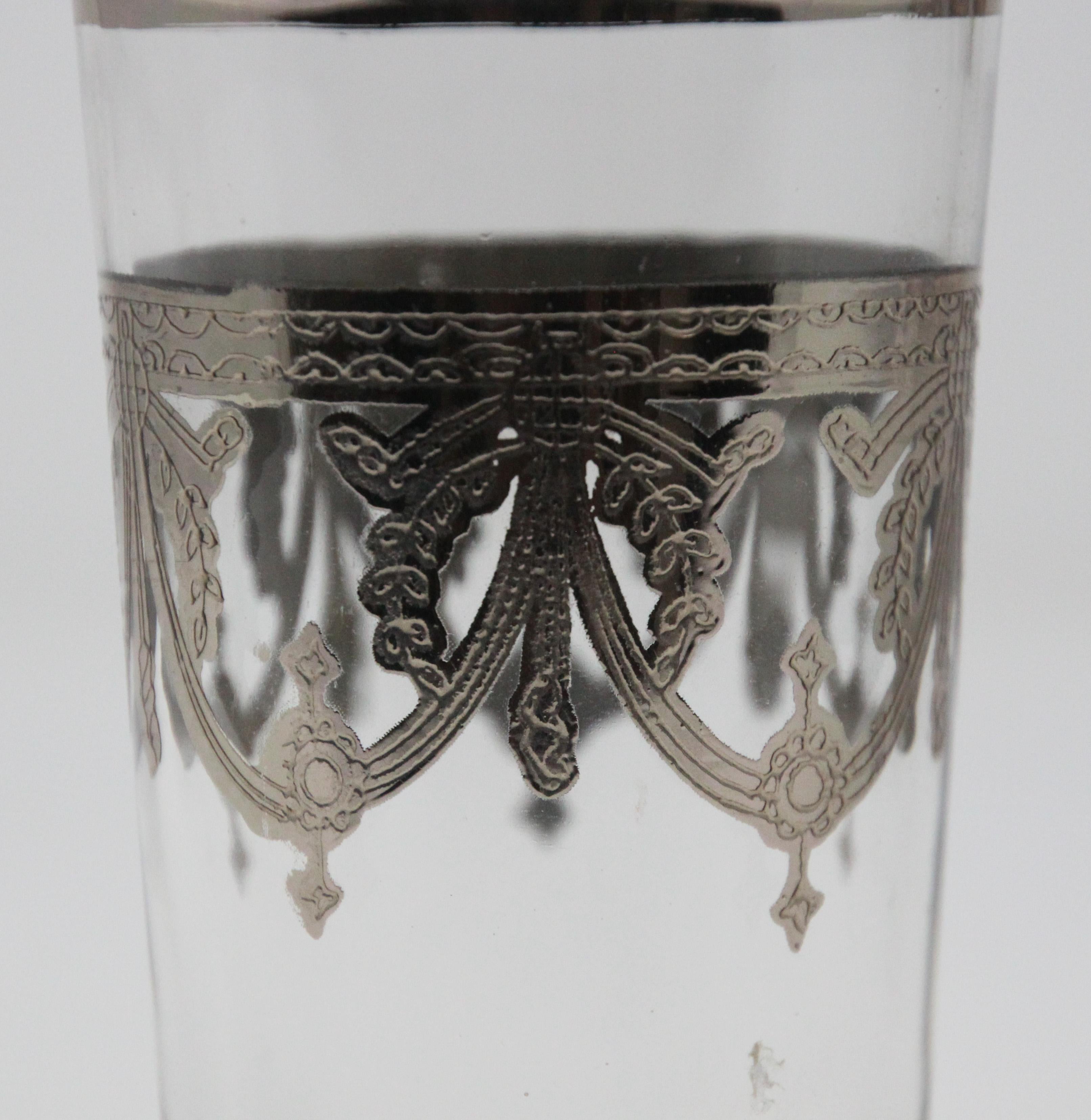 Moroccan Glasses Set of Six Clear with Silver Overlay Moorish Pattern For Sale 4