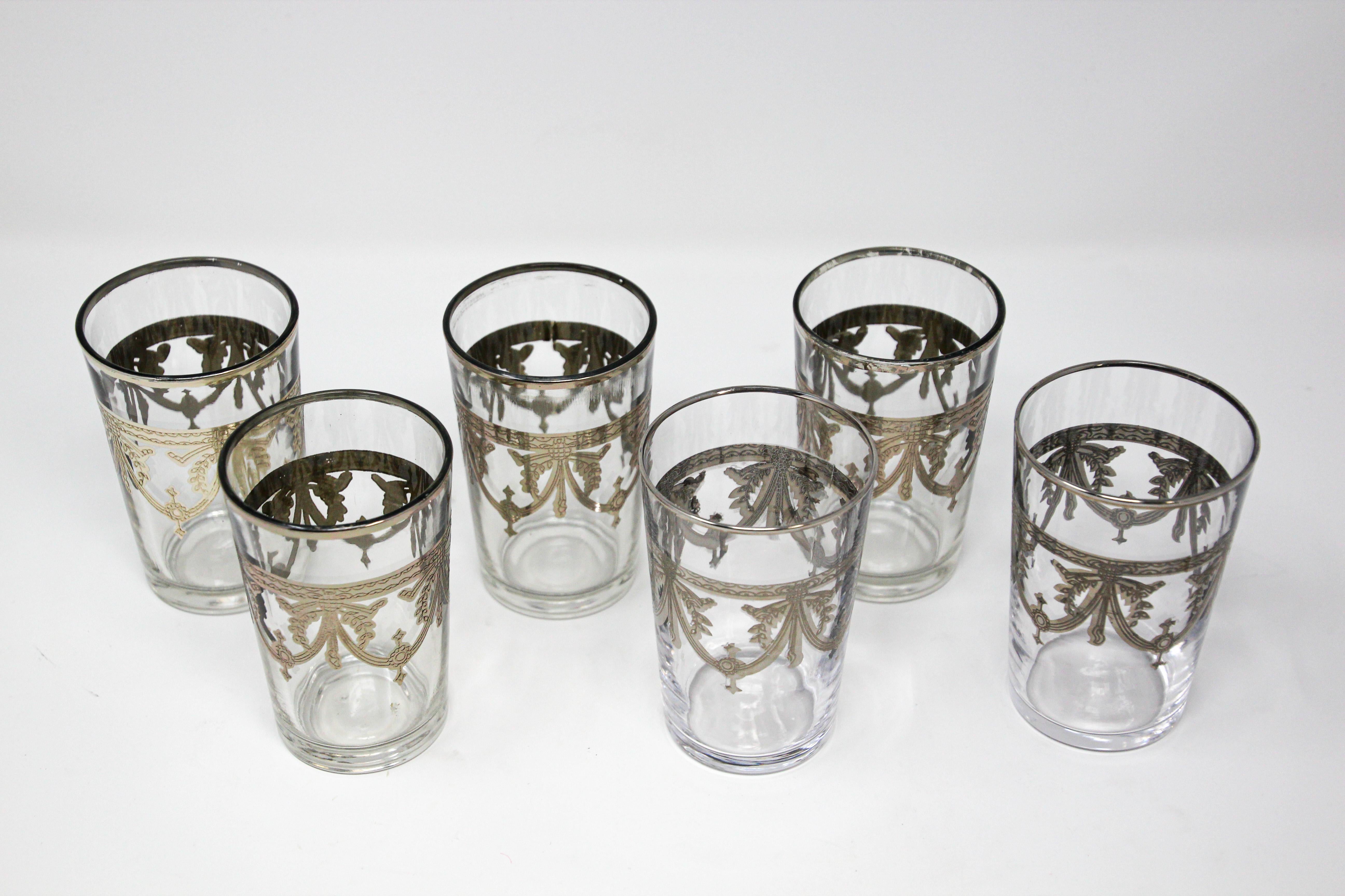 Moroccan Glasses Set of Six Clear with Silver Overlay Moorish Pattern In Good Condition For Sale In North Hollywood, CA