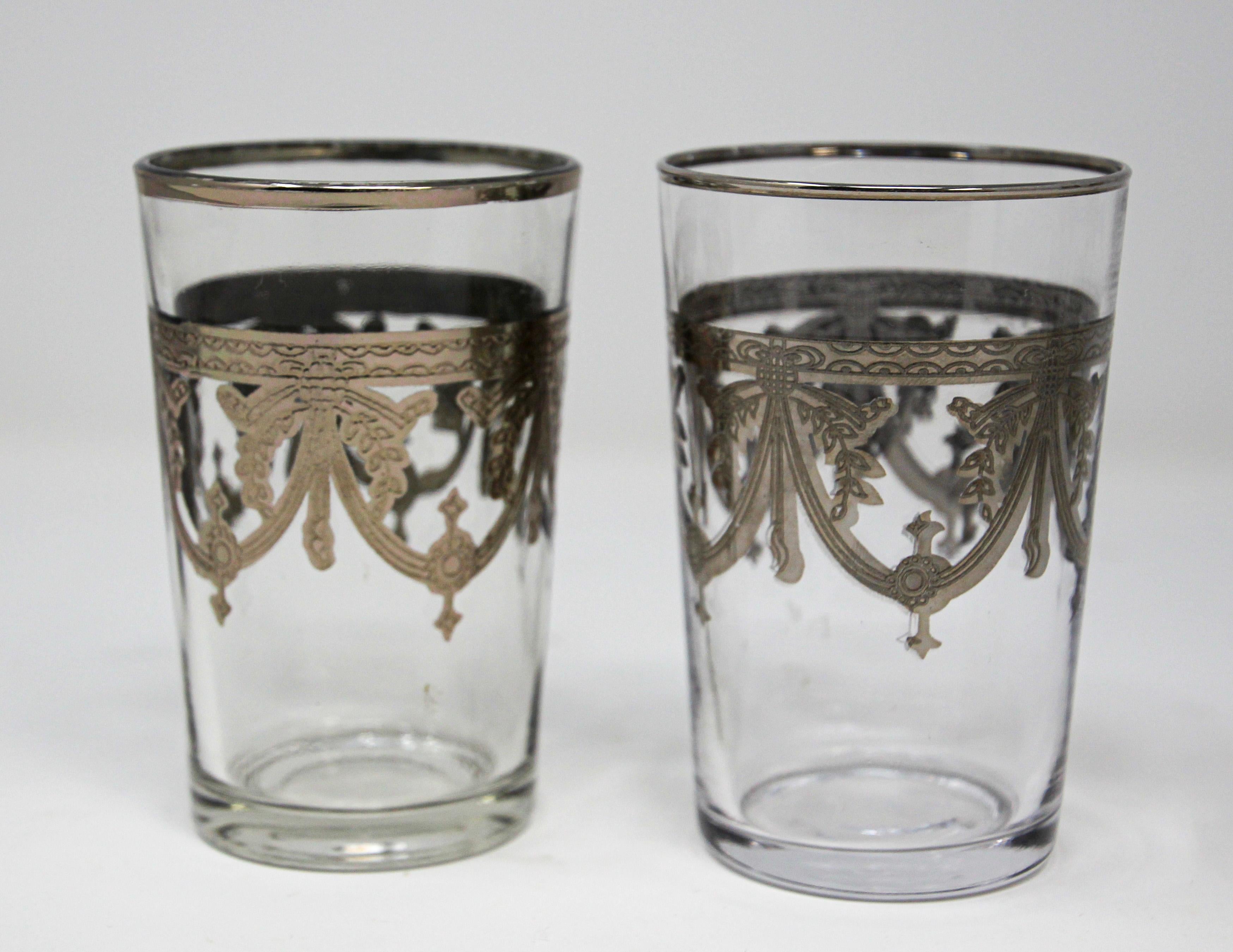 20th Century Moroccan Glasses Set of Six Clear with Silver Overlay Moorish Pattern For Sale